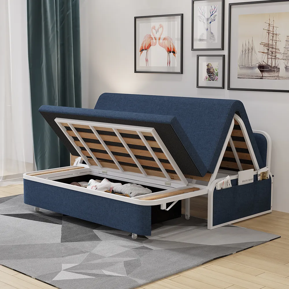 Convertible Sofa Bed with Storage - Blue, Cotton Linen