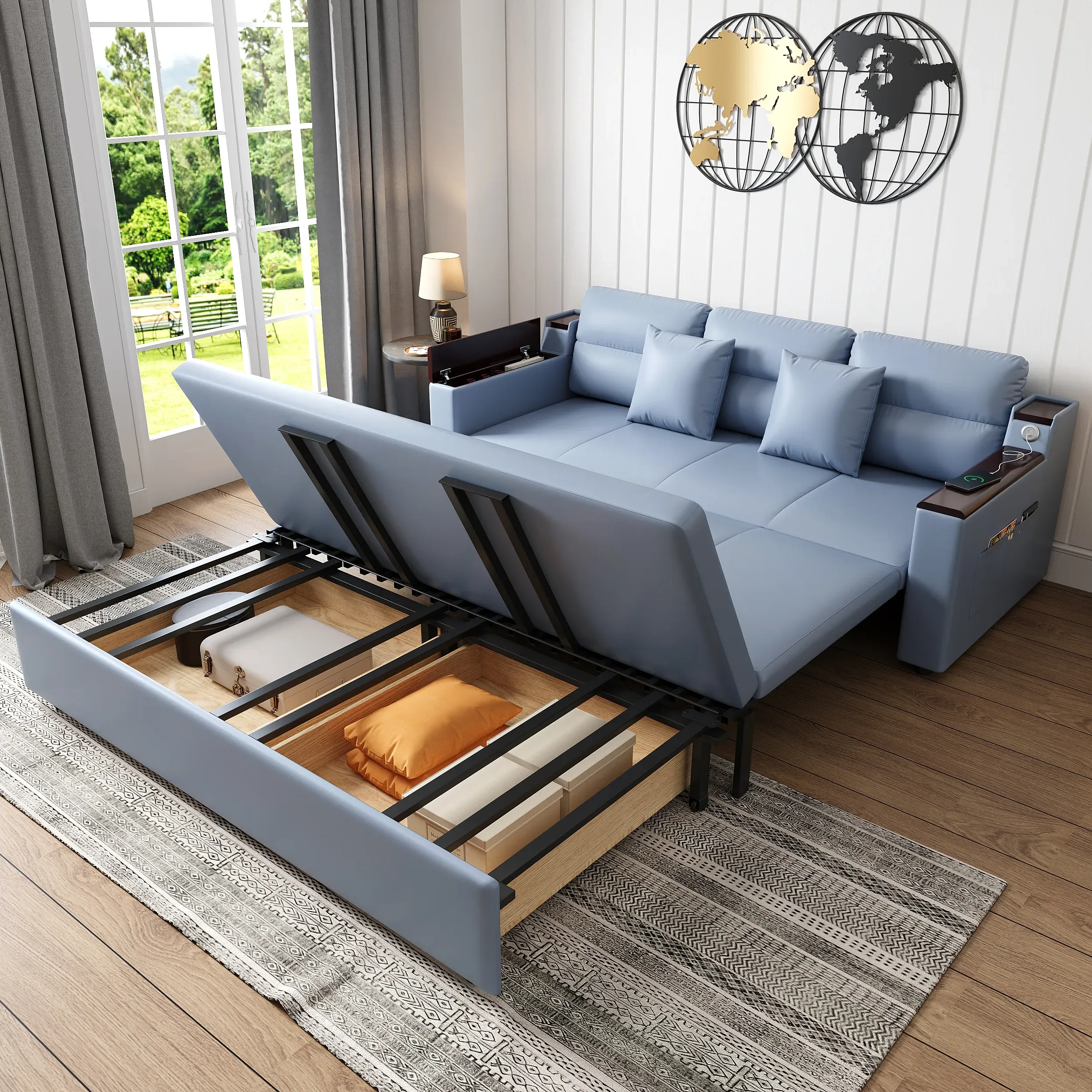 Convertible Sofa Bed with Storage - Blue, Leath-Aire
