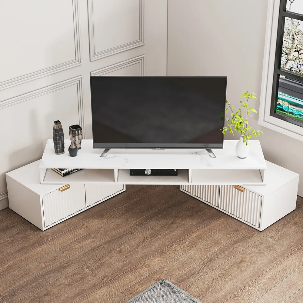 Corner TV Stand with Drawers - White