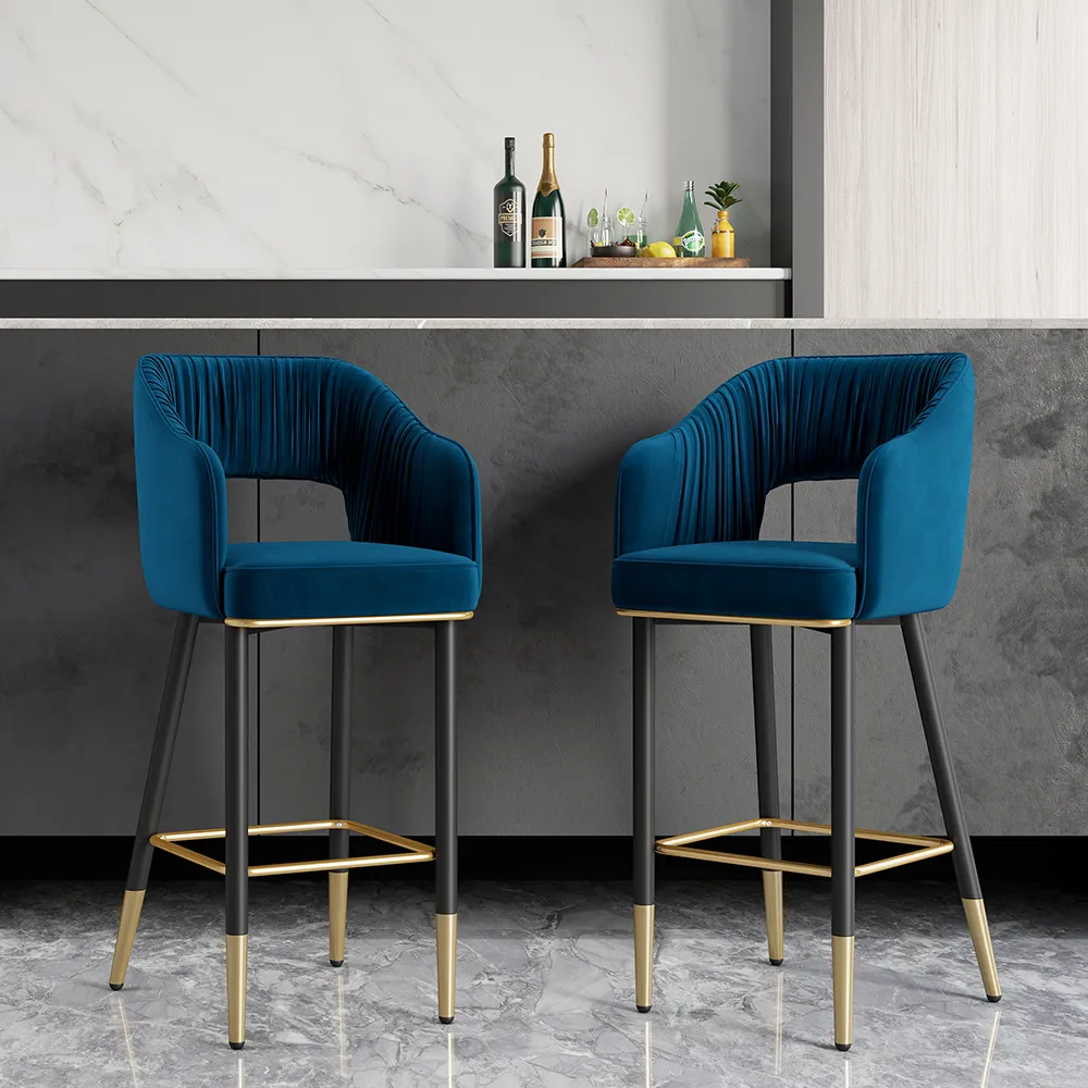Counter Height Bar Stool with Back & Footrest - Blue, Velvet image