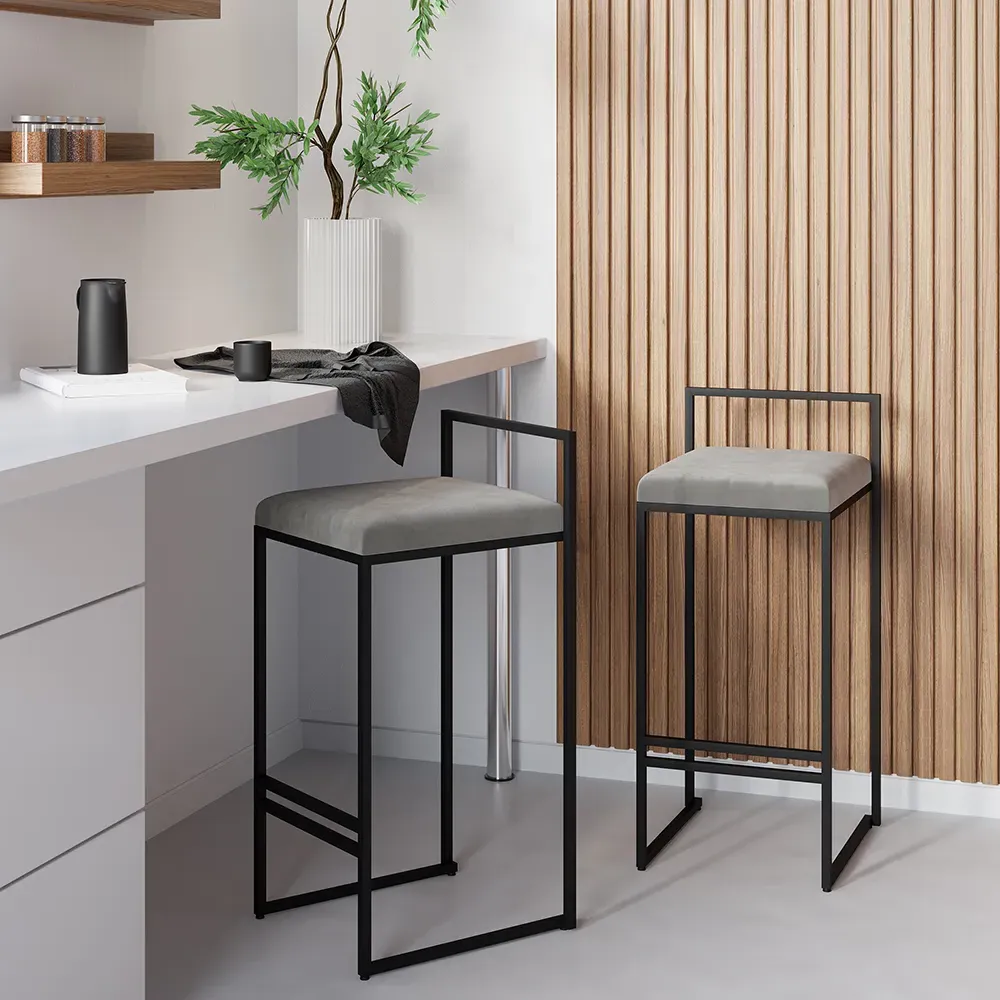 Counter Stool Set of 2 with Back & Footrest - Gray, Velvet image