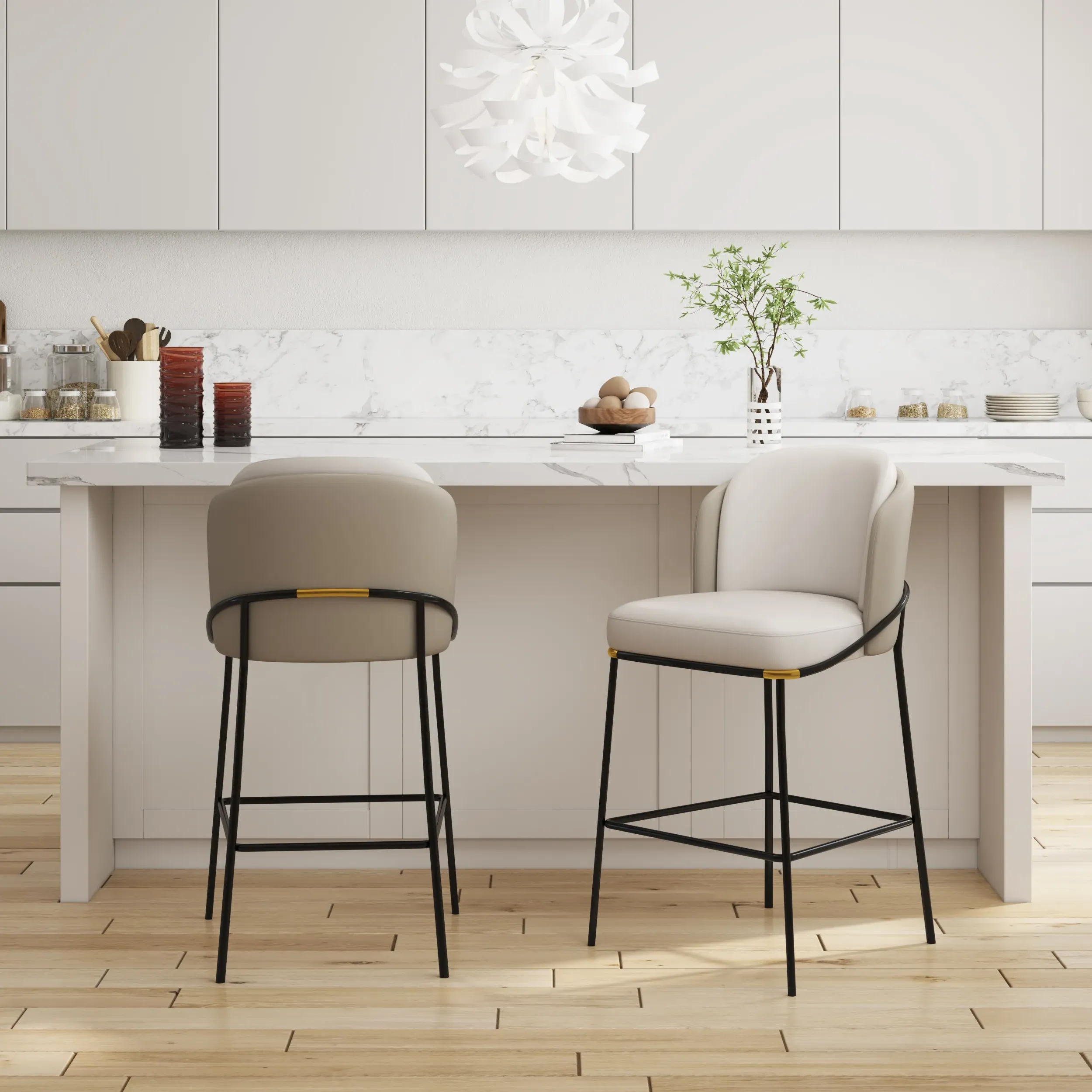 Counter Stool Set of 4 with Back & Footrest - Grey, PU Leather