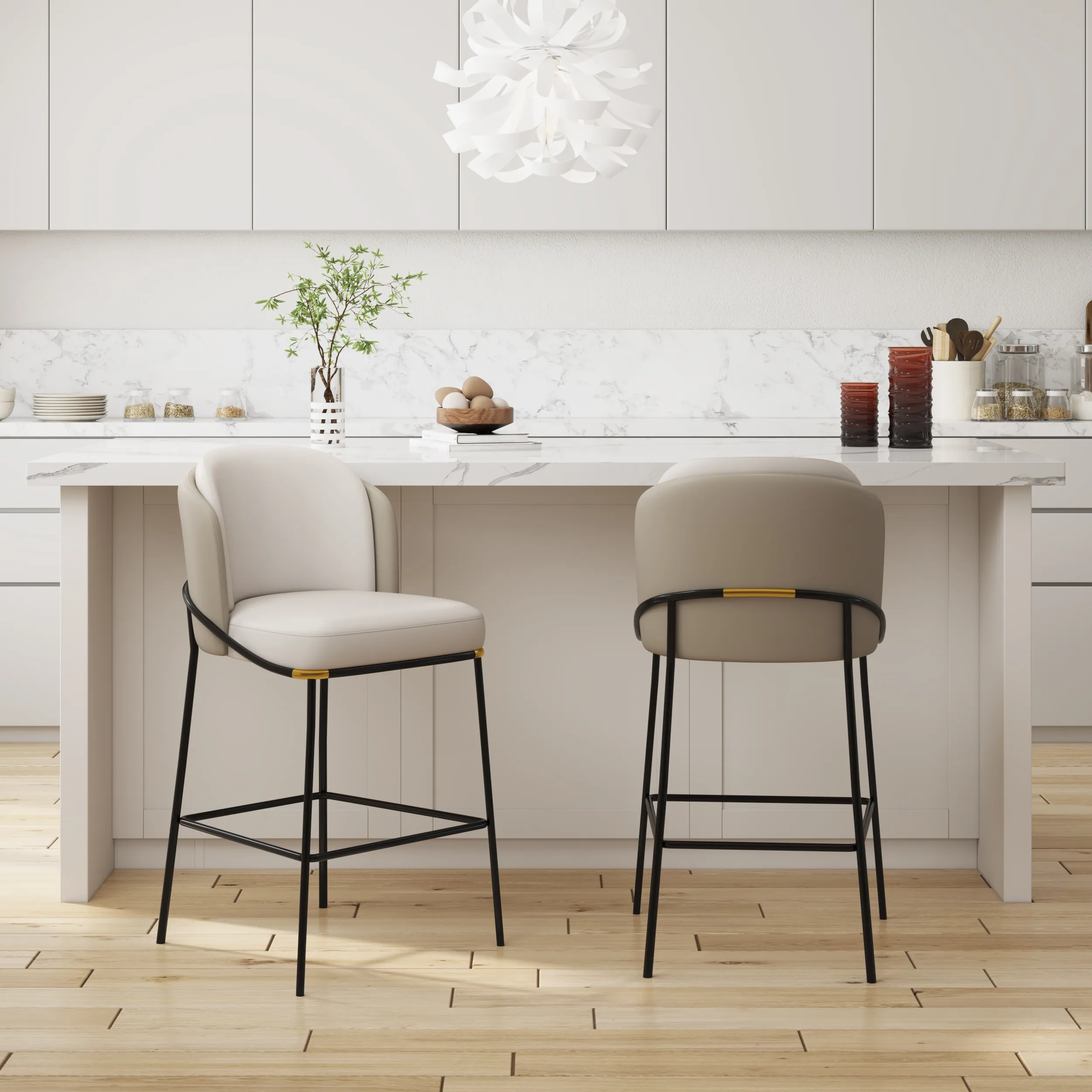 Counter Stool Set of 8 with Back & Footrest - Grey, PU Leather