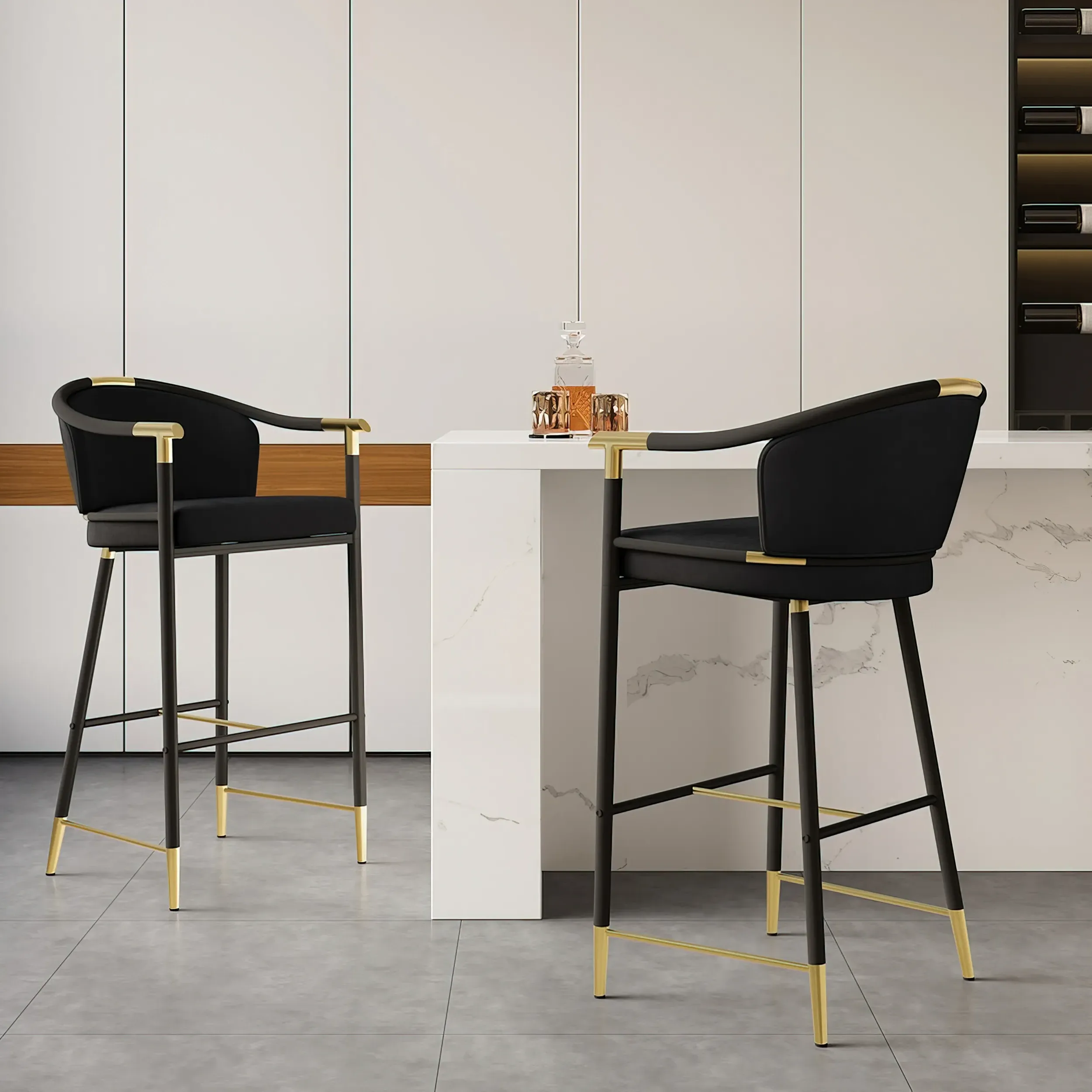 Craines Bar Height Bar Stool with Arms 4-Pieces - Black, Velvet