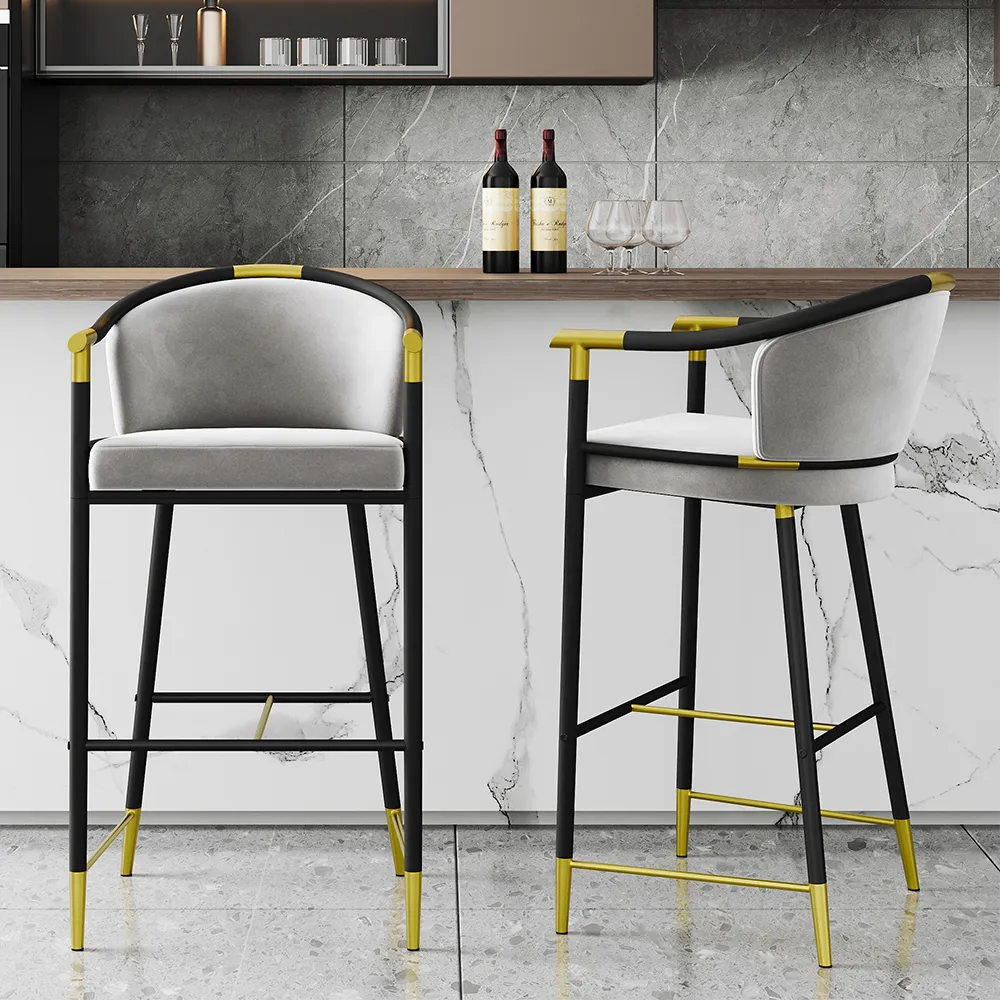 Craines Bar Height Bar Stool with Arms - Grey, Velvet