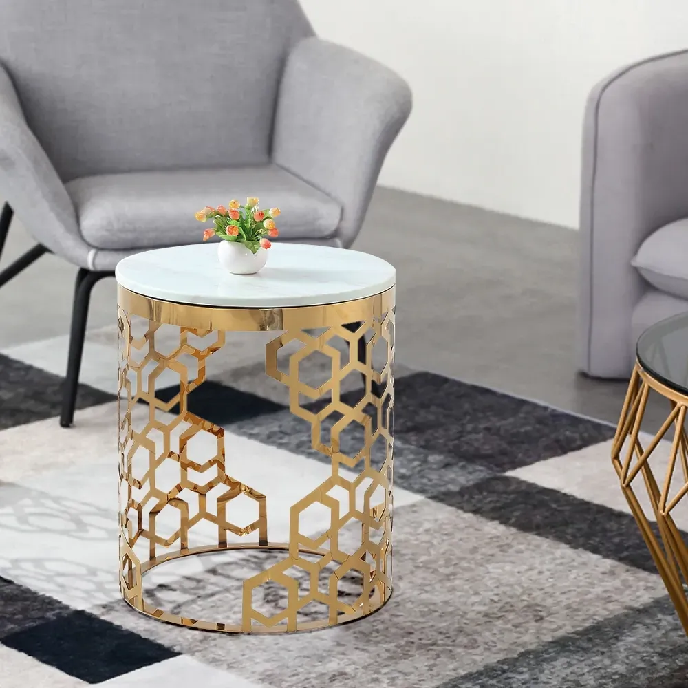 Currs Round End Table with Marble Top - Gold, Stainless Steel