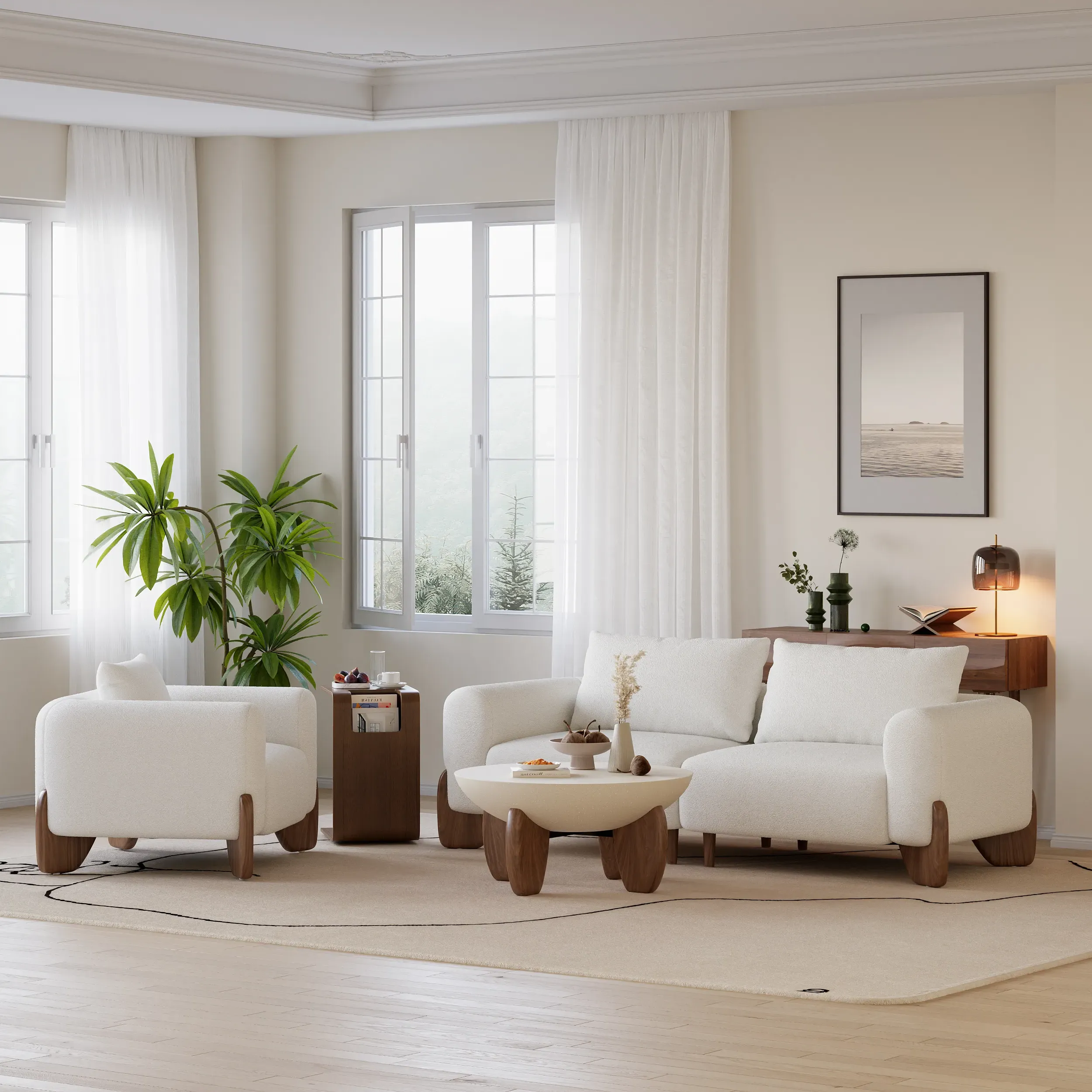 Curva 2-Seater Sofa Set with Accent Chairs - White, Boucle