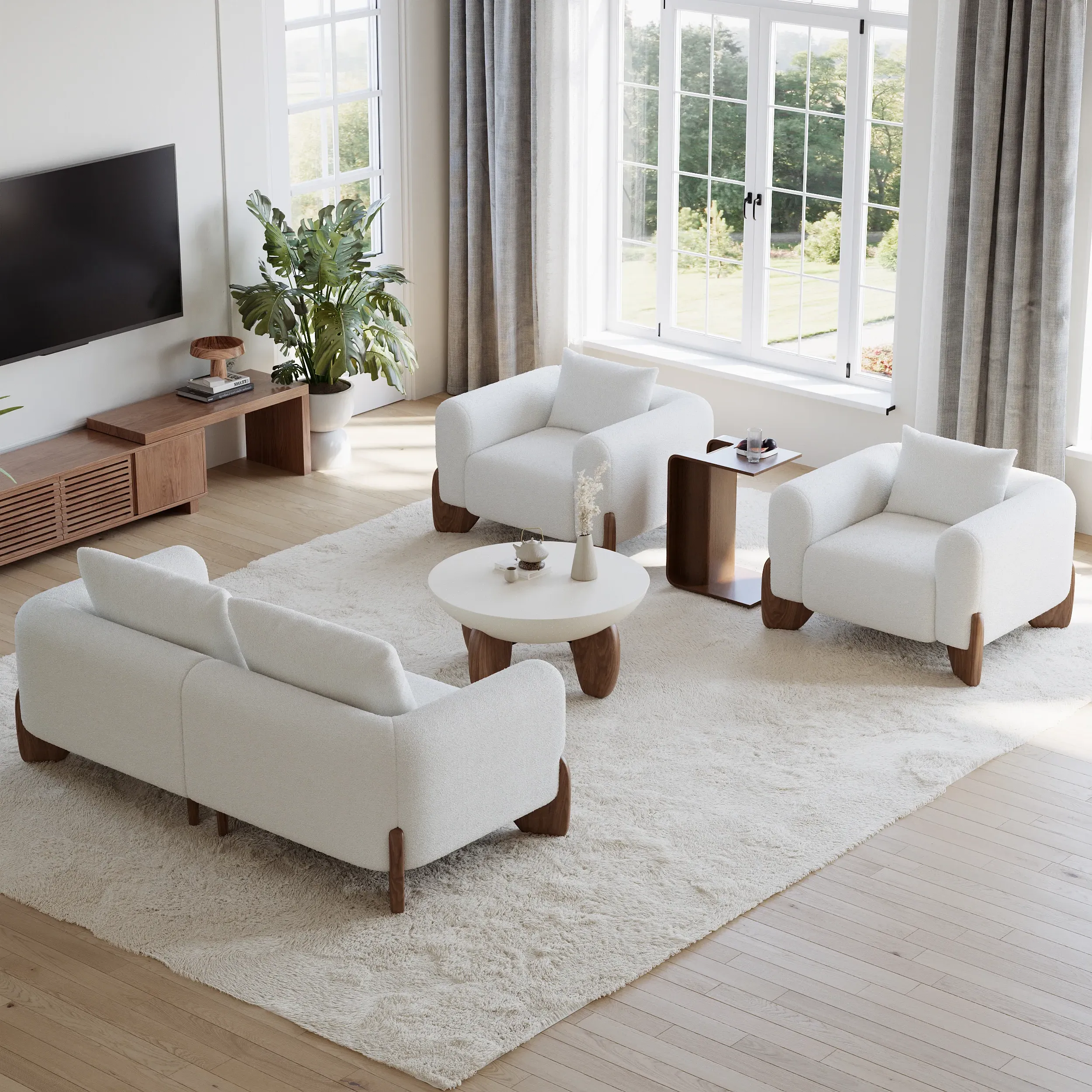 Curva 2-Seater Sofa Set with Coffee Table - White, Boucle