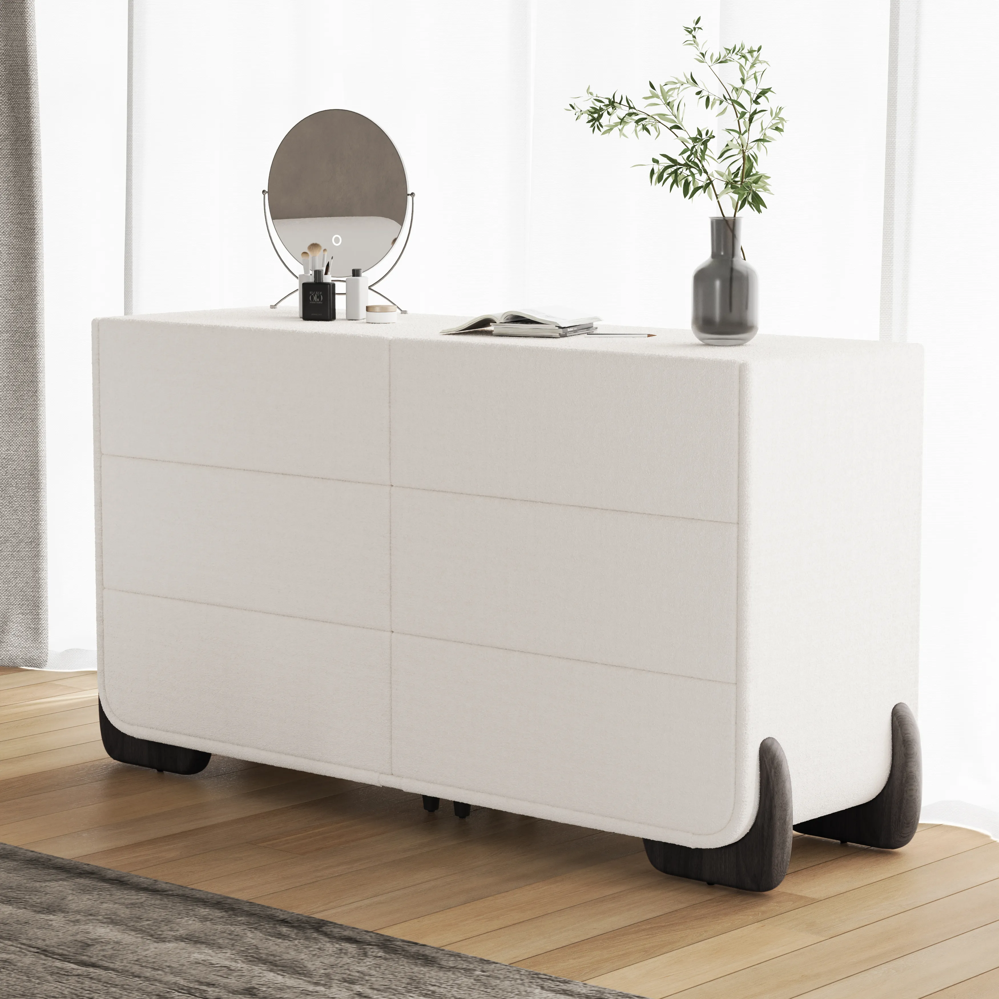 Curva 63" 6 Drawer Smart Dresser with Wireless Charging - White, Boucle