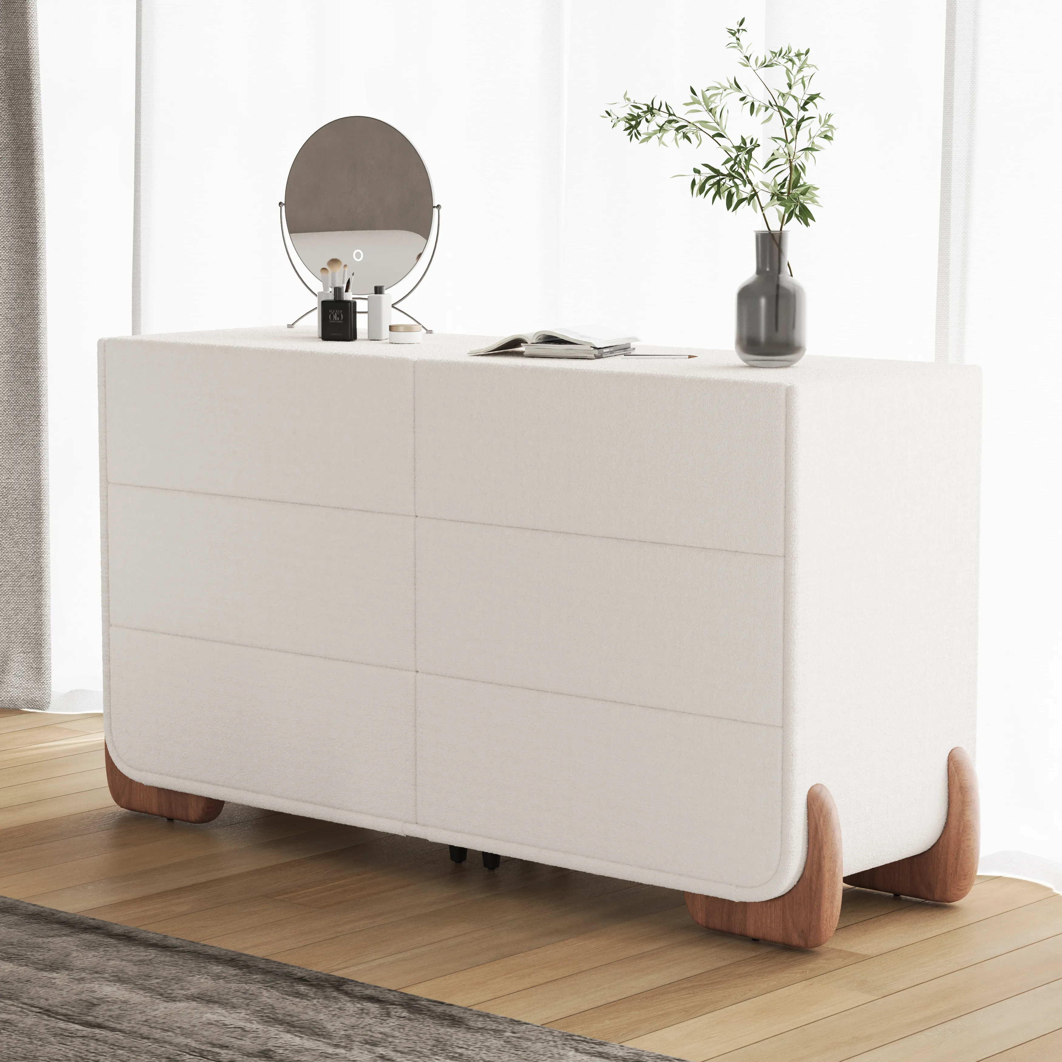 Curva 63" 6 Drawer Smart Dresser with Wireless Charging - White, Boucle