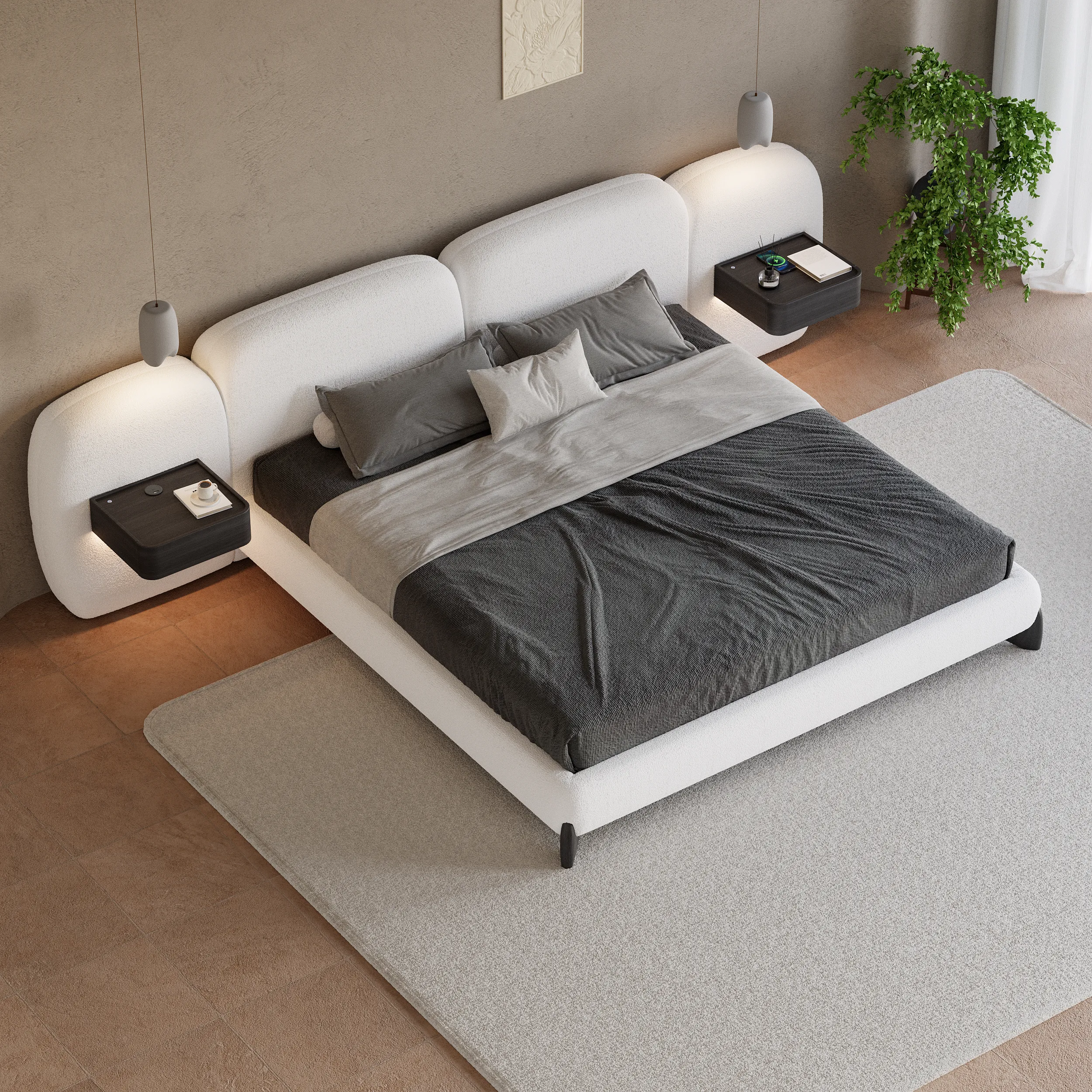 Curva King Size Bed Frame with Smart Nightstands - White, Boucle