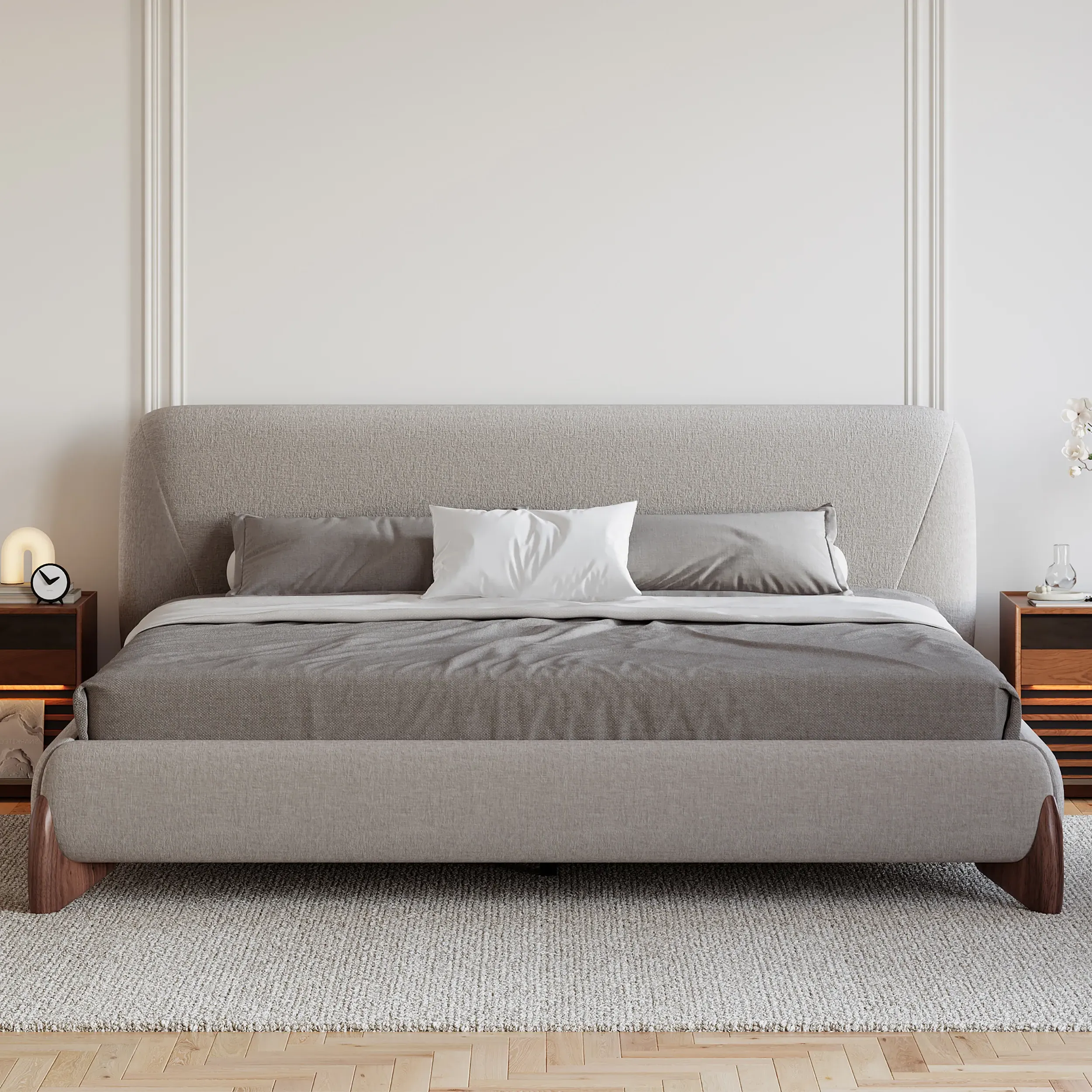 Curva King Size Platform Bed with Headboard - Gray