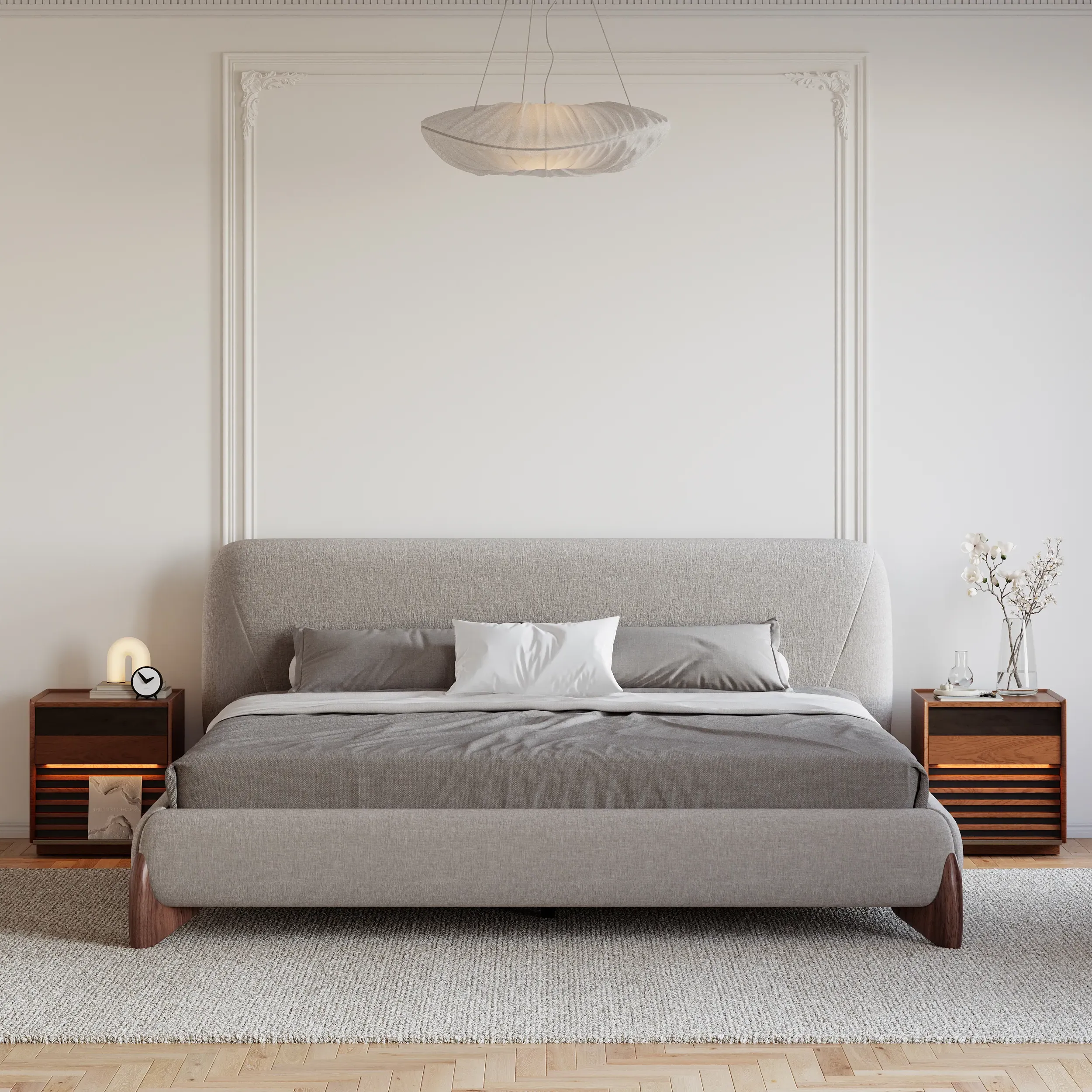 Curva King Size Platform Bed with Headboard & Nightstands - Gray