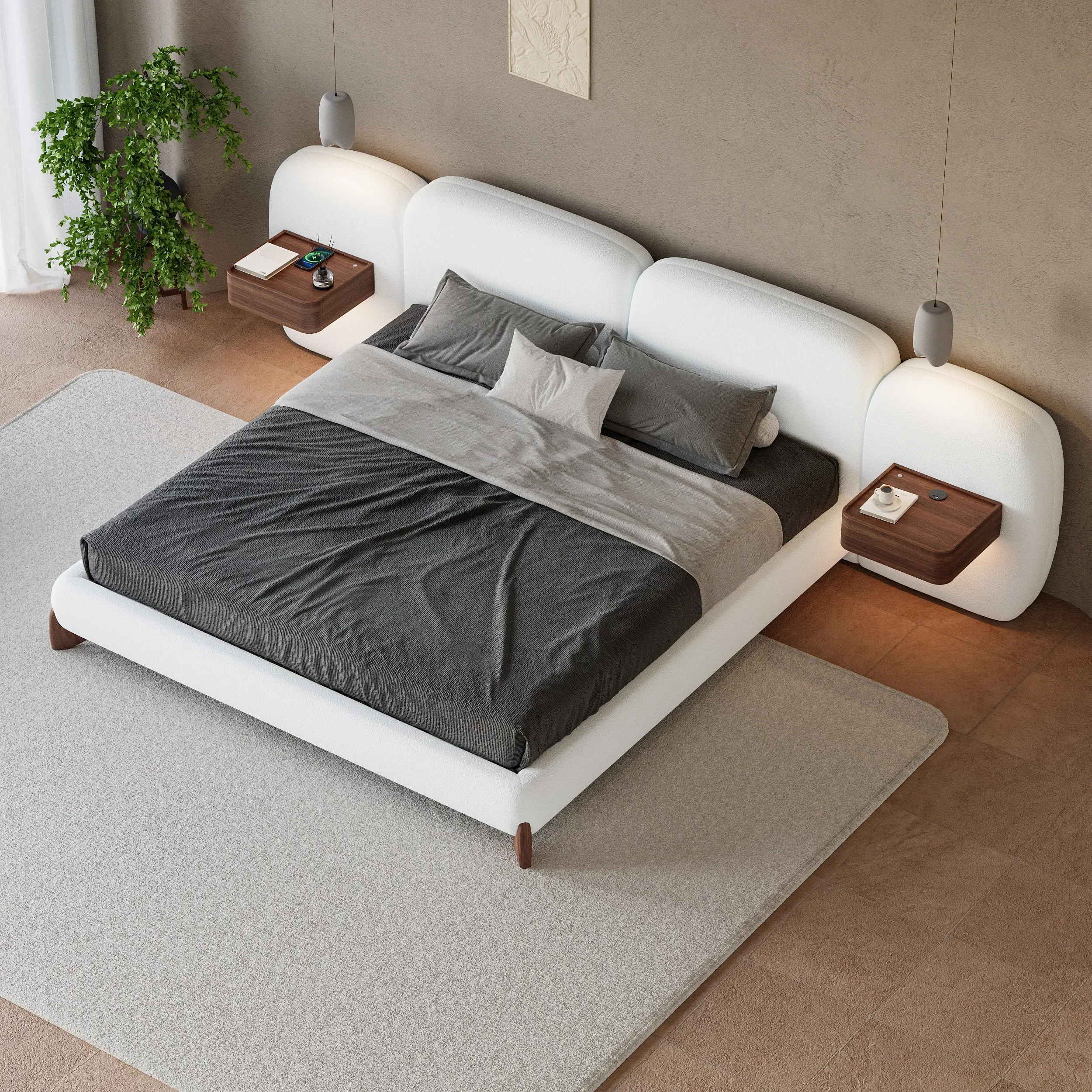 Curva Queen Size Bed Frame with Smart Nightstands - White, Boucle image