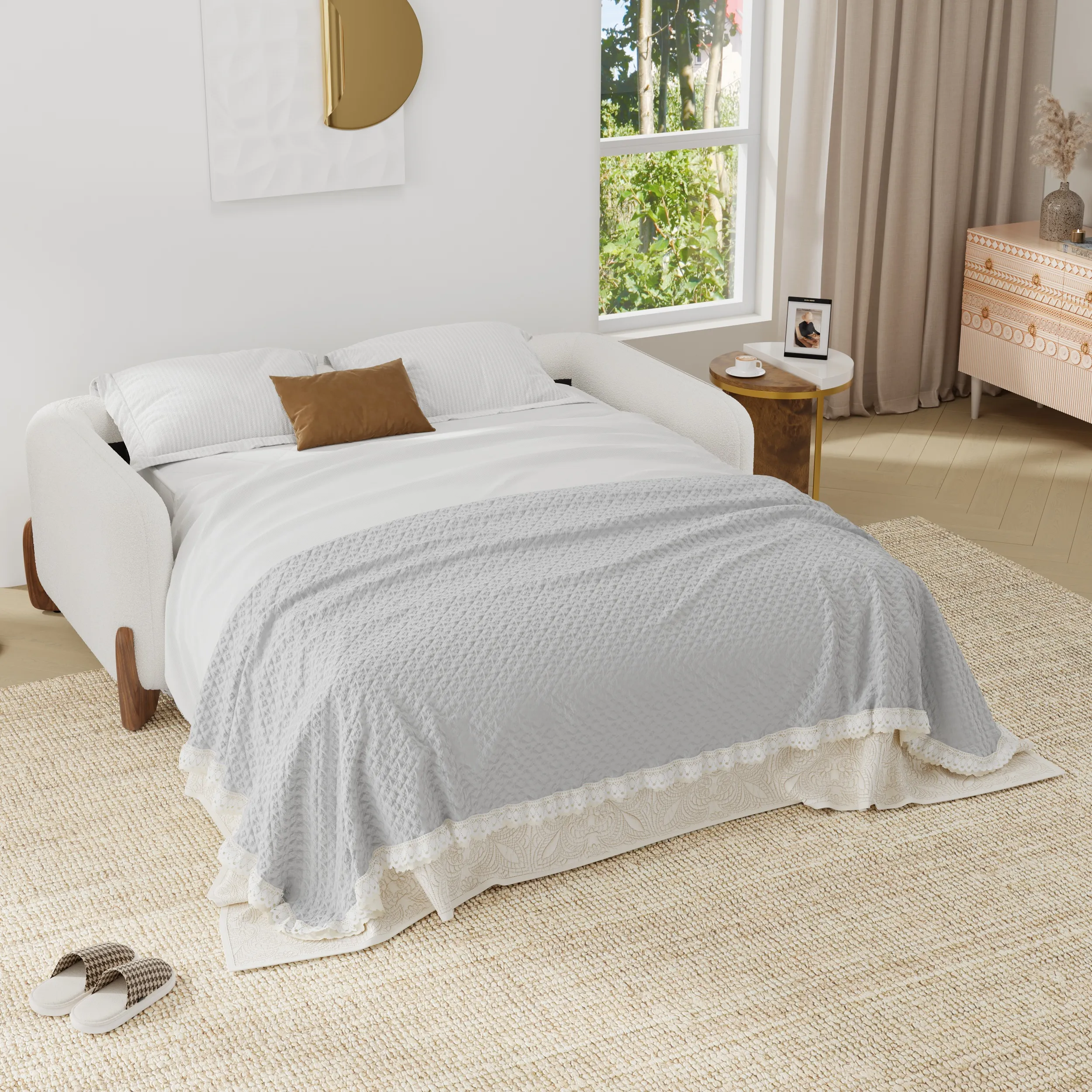 Curva Queen Sleeper Sofa with Mattress - White, Boucle