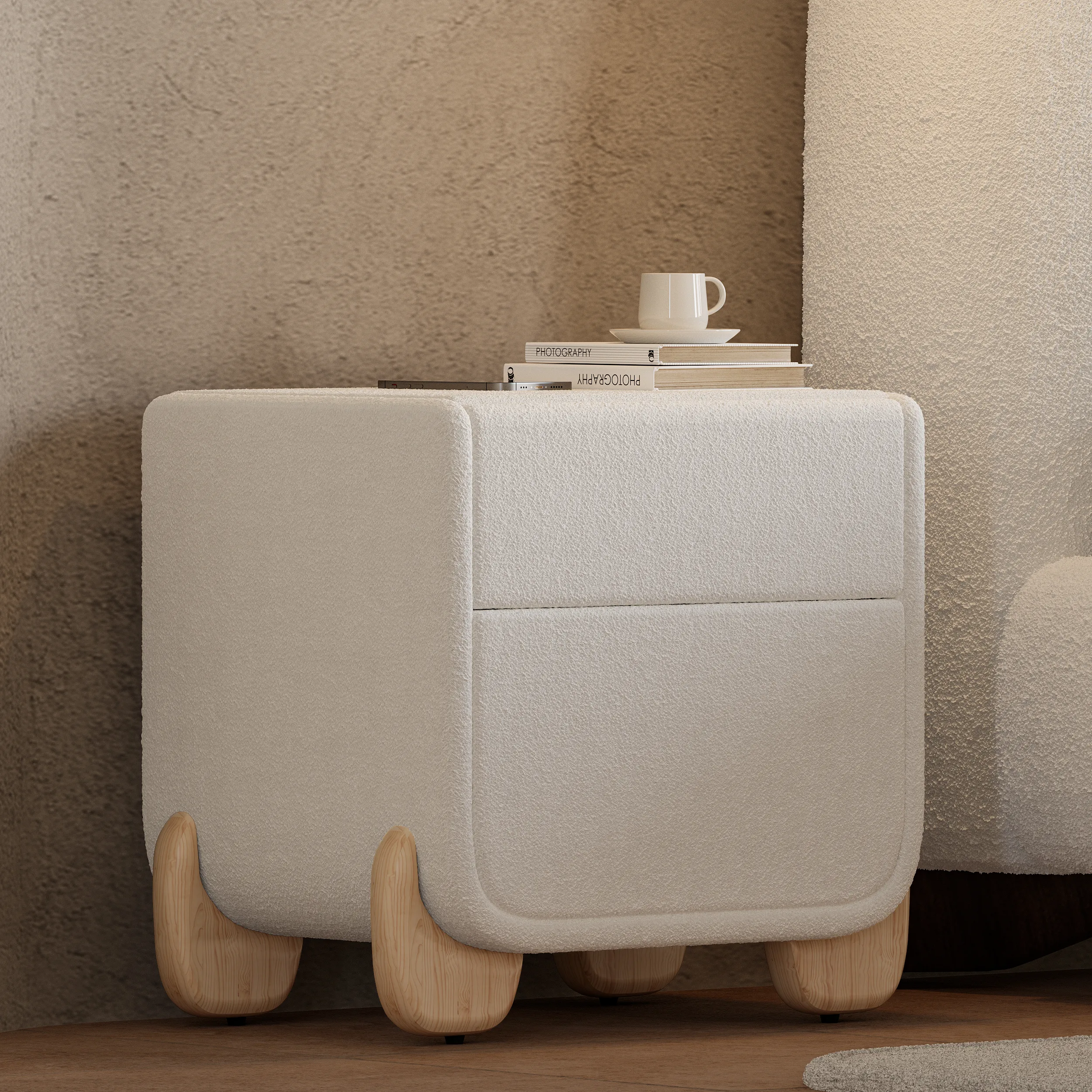 Curva Smart 2-Drawer Nightstand with Charging Station - White, Boucle