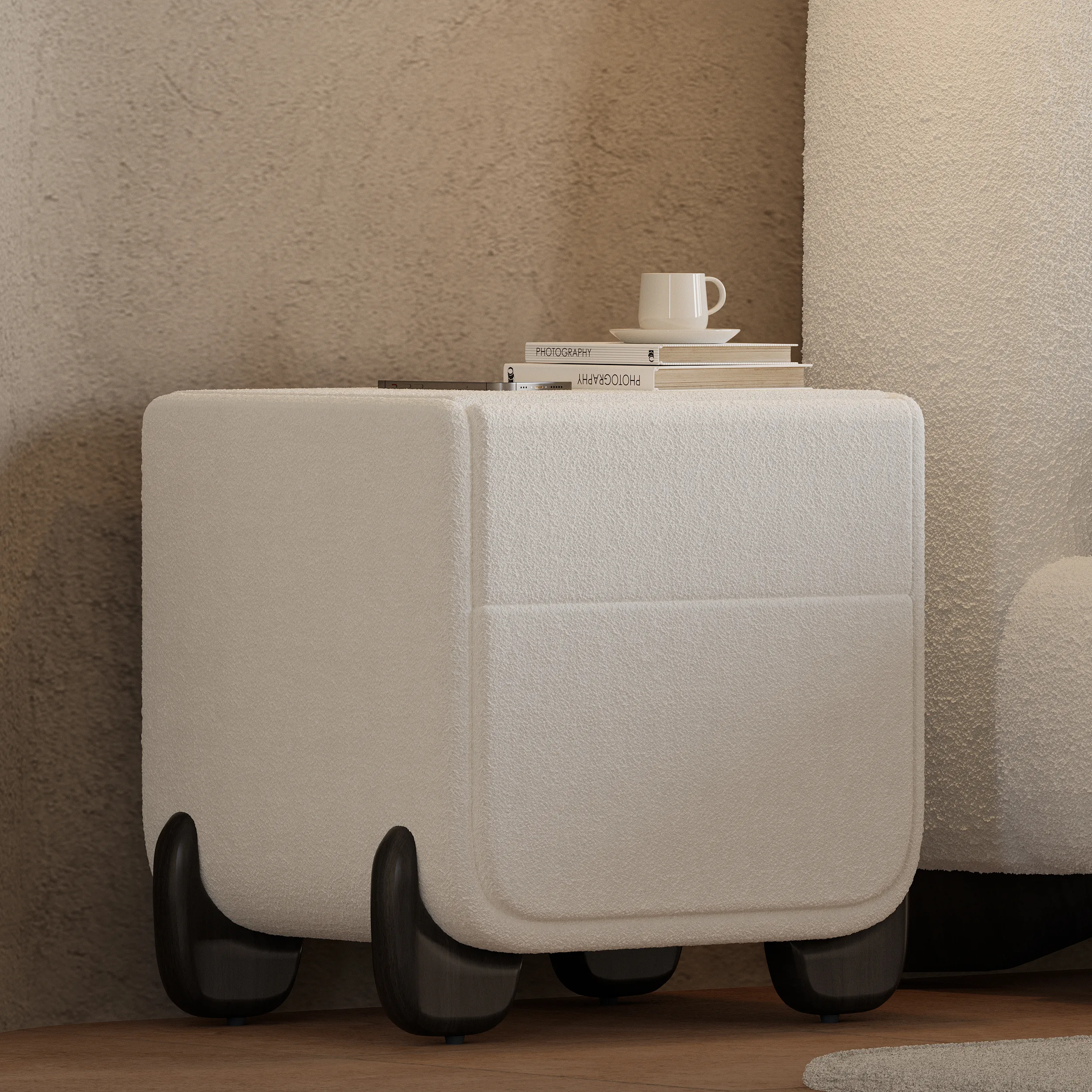 Curva Smart 2-Drawer Nightstand with Charging Station - White, Boucle