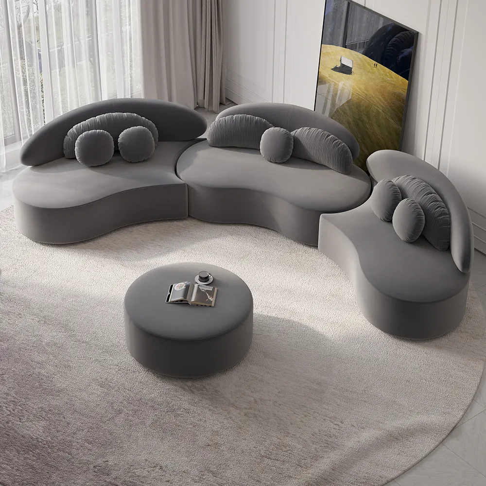 Curved 7-Seater Sectional Sofa with Ottoman - Deep Gray, Velvet