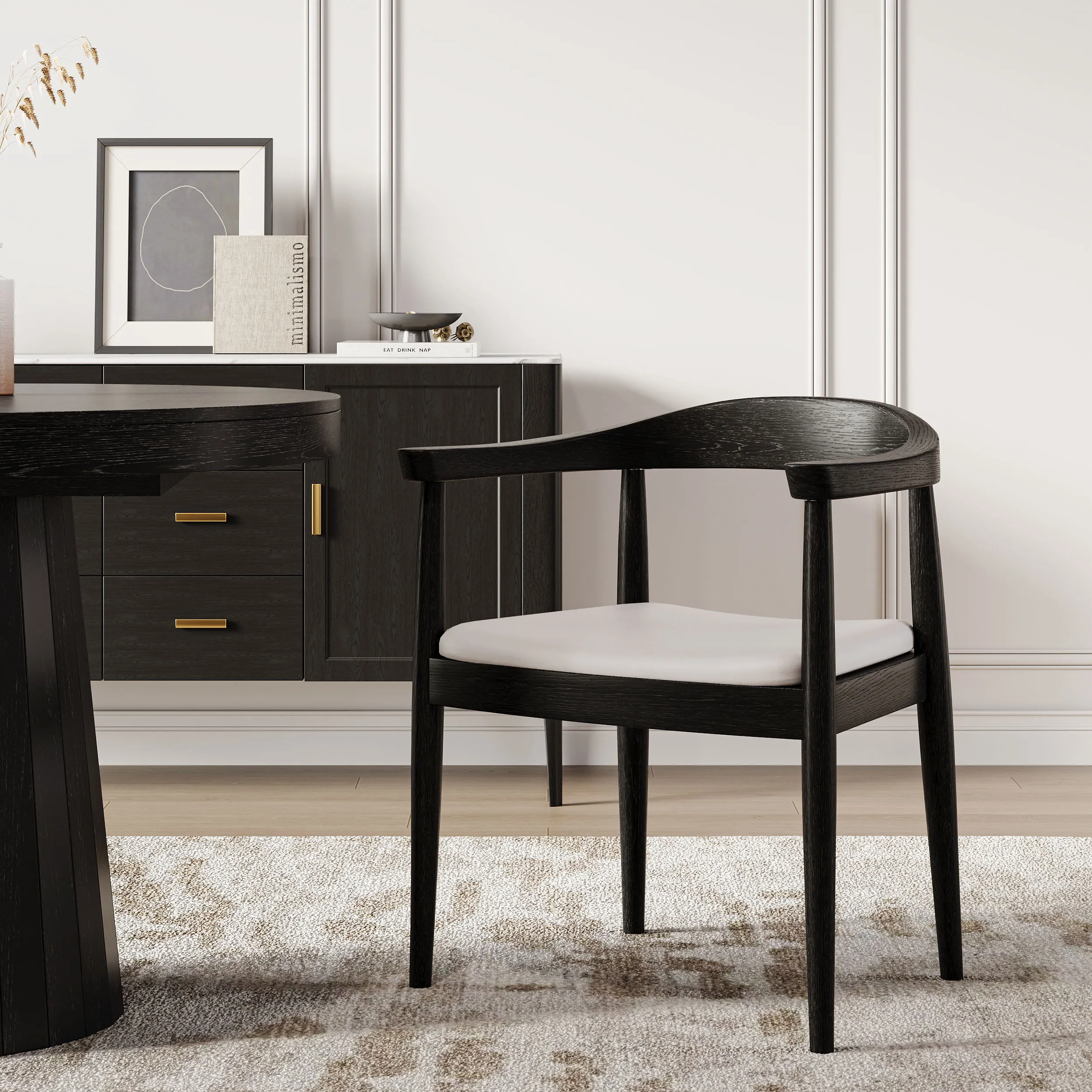 Curved Back Dining Chair with Armrests - Black, Leather image