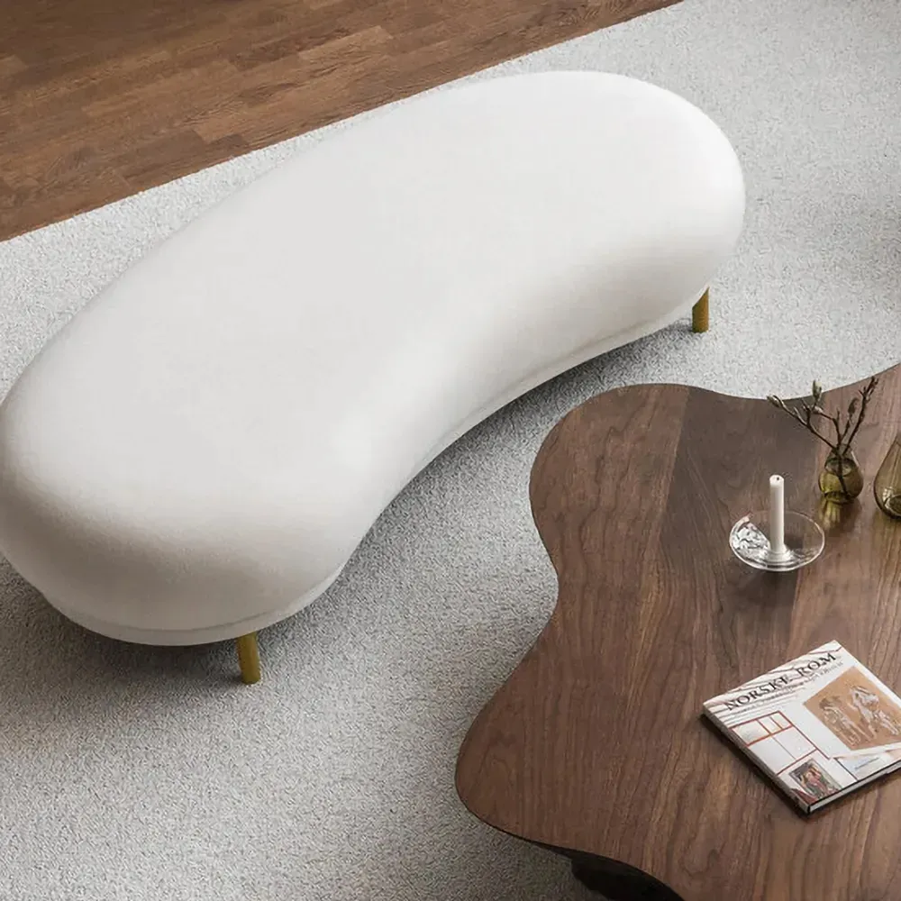 Curved Bench with Metal Legs - White, Velvet image
