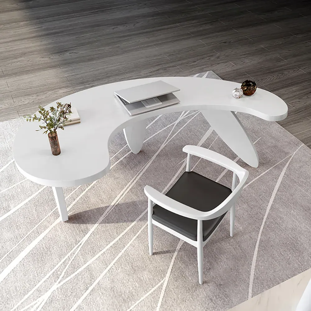 Curved Executive Desk with 3 Oval Legs - White image