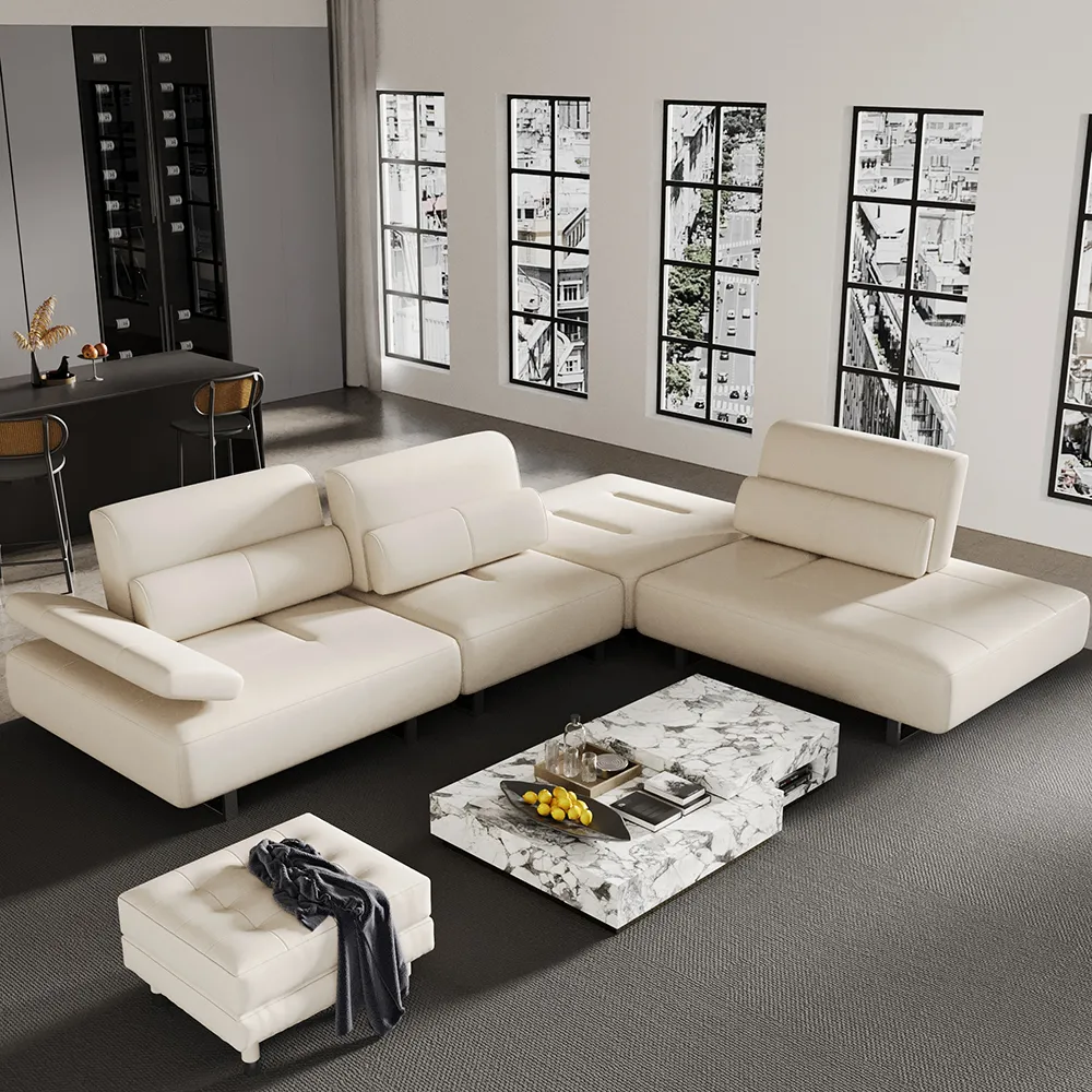Deep Seat Sectional Sofa with Adjustable Armrest - White, Leather