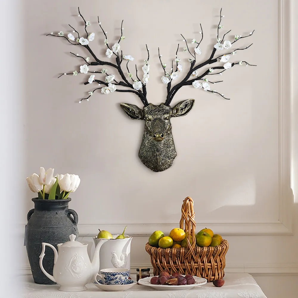 Deer Head Wall Decor with Cherry Blossom - Antique Bronze image