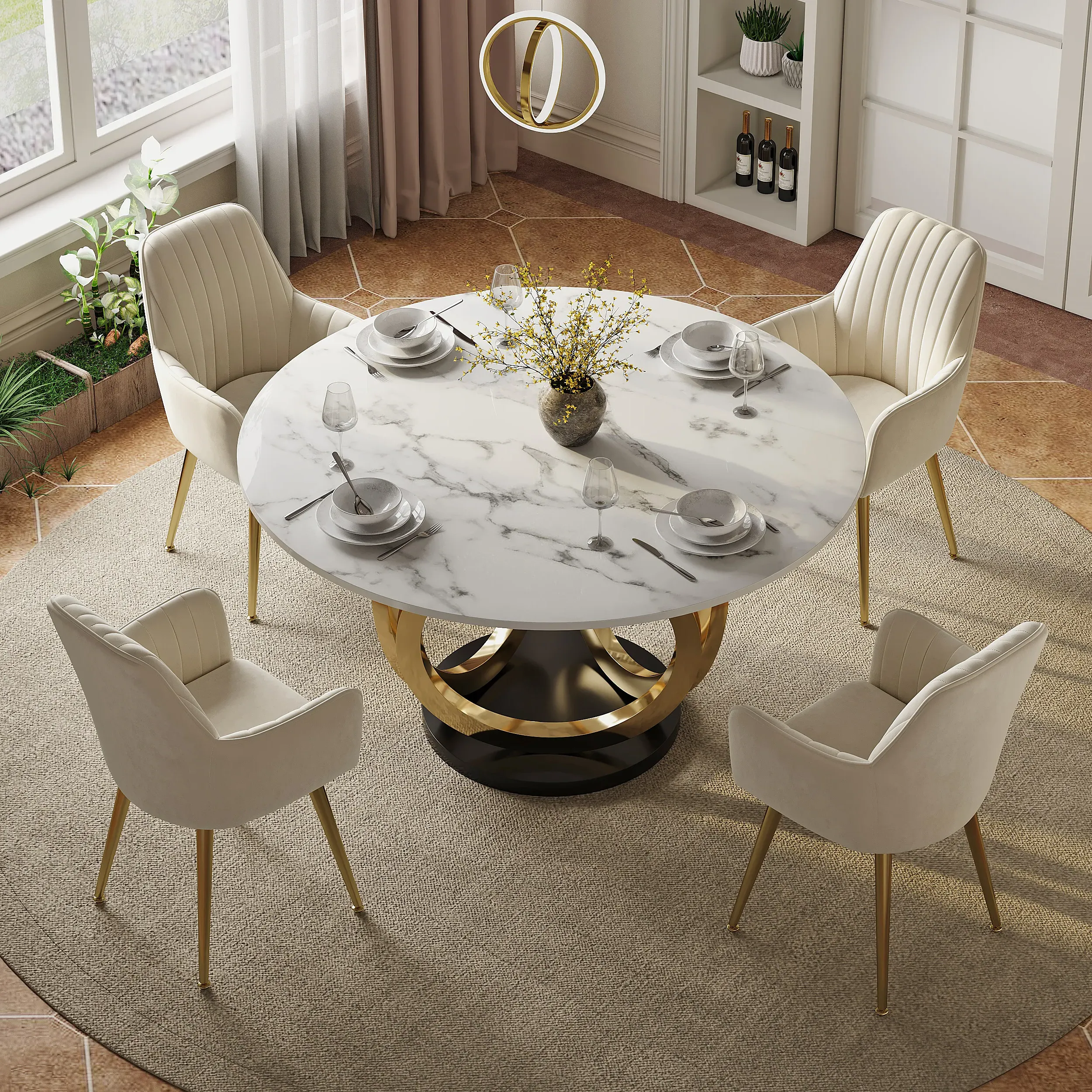 Dining Table Set with 4 Chairs - White, Sintered Stone