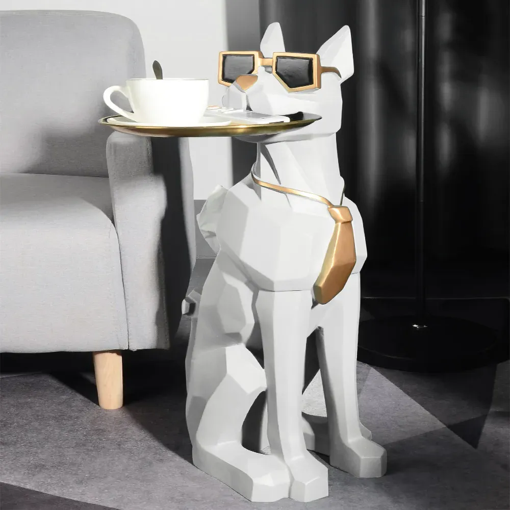 Dog Sculpture Side Table with Storage Tray - White, Resin