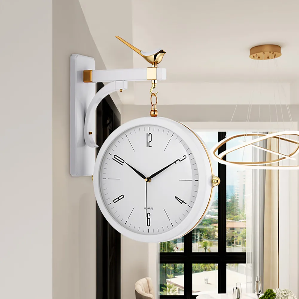 Double-Sided Wall Clock with Bird Figurine - White image