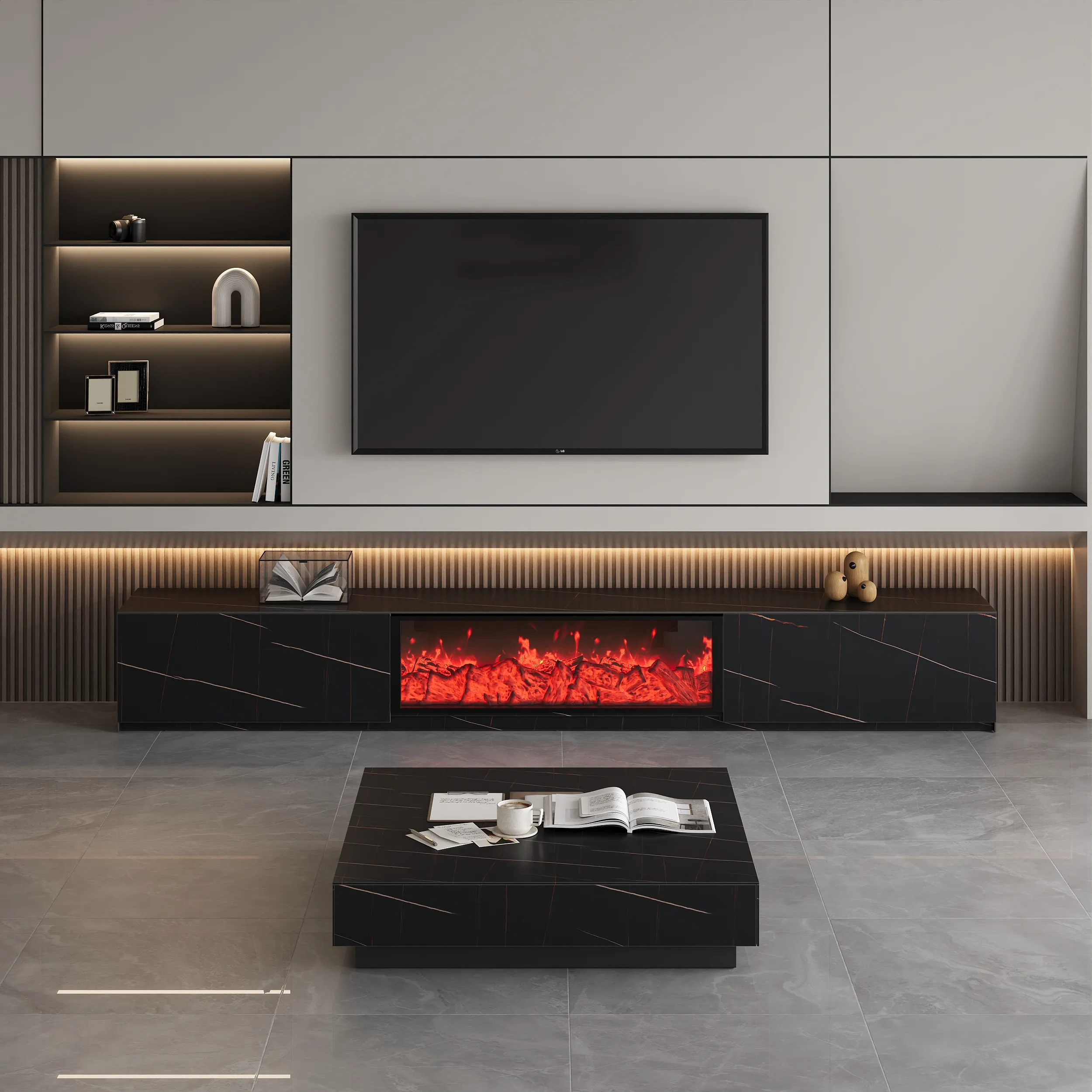 Electric Fireplace TV Stand & Coffee Table Set - Marble Veneer
