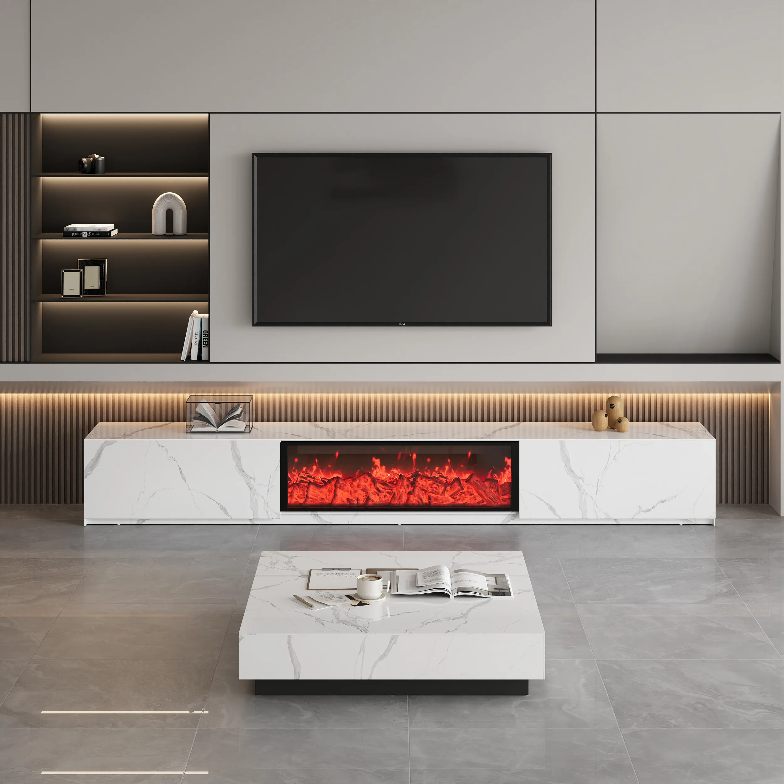 Electric Fireplace TV Stand & Coffee Table Set - Marble Veneer