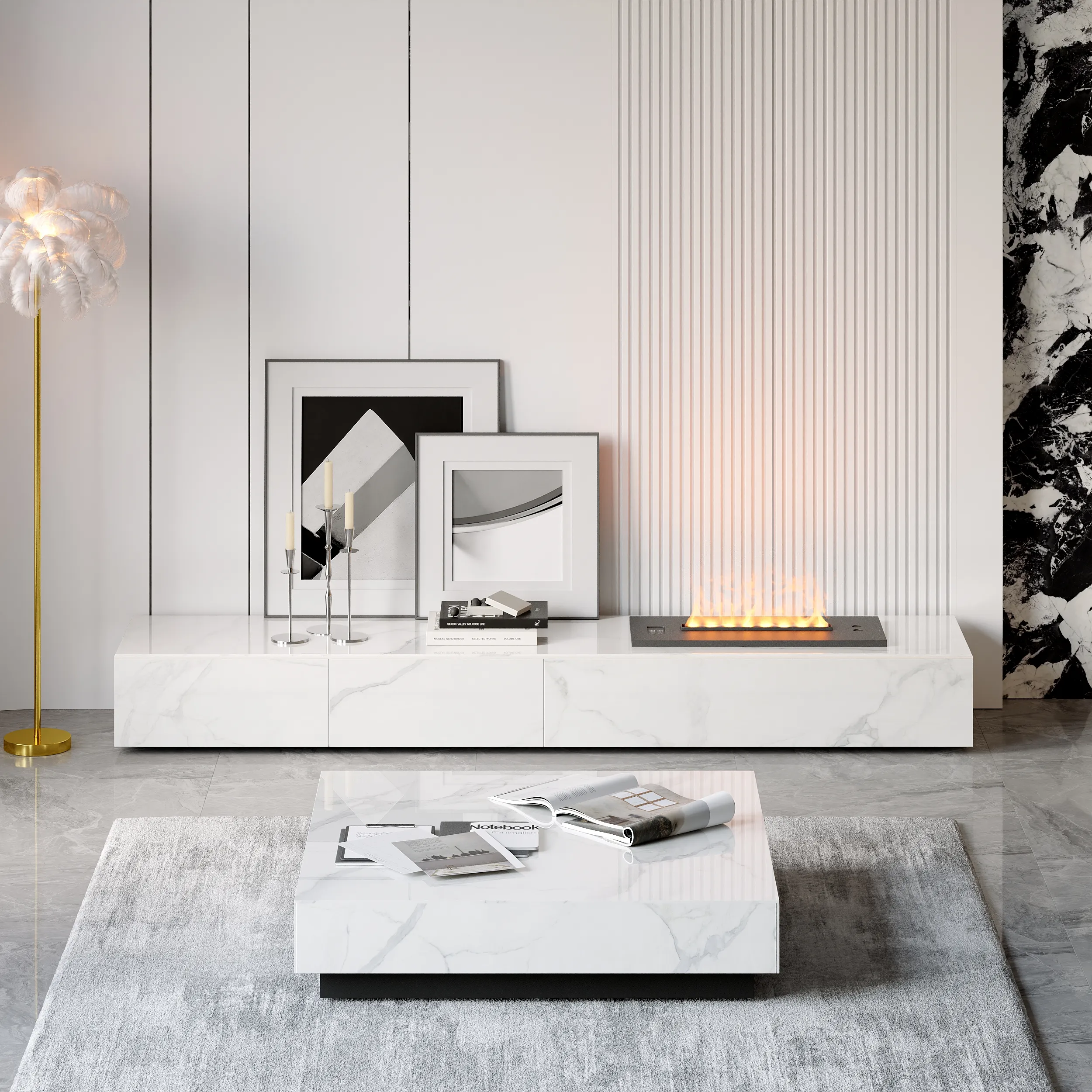 Electric Fireplace TV Stand with Humidifier - Faux Marble