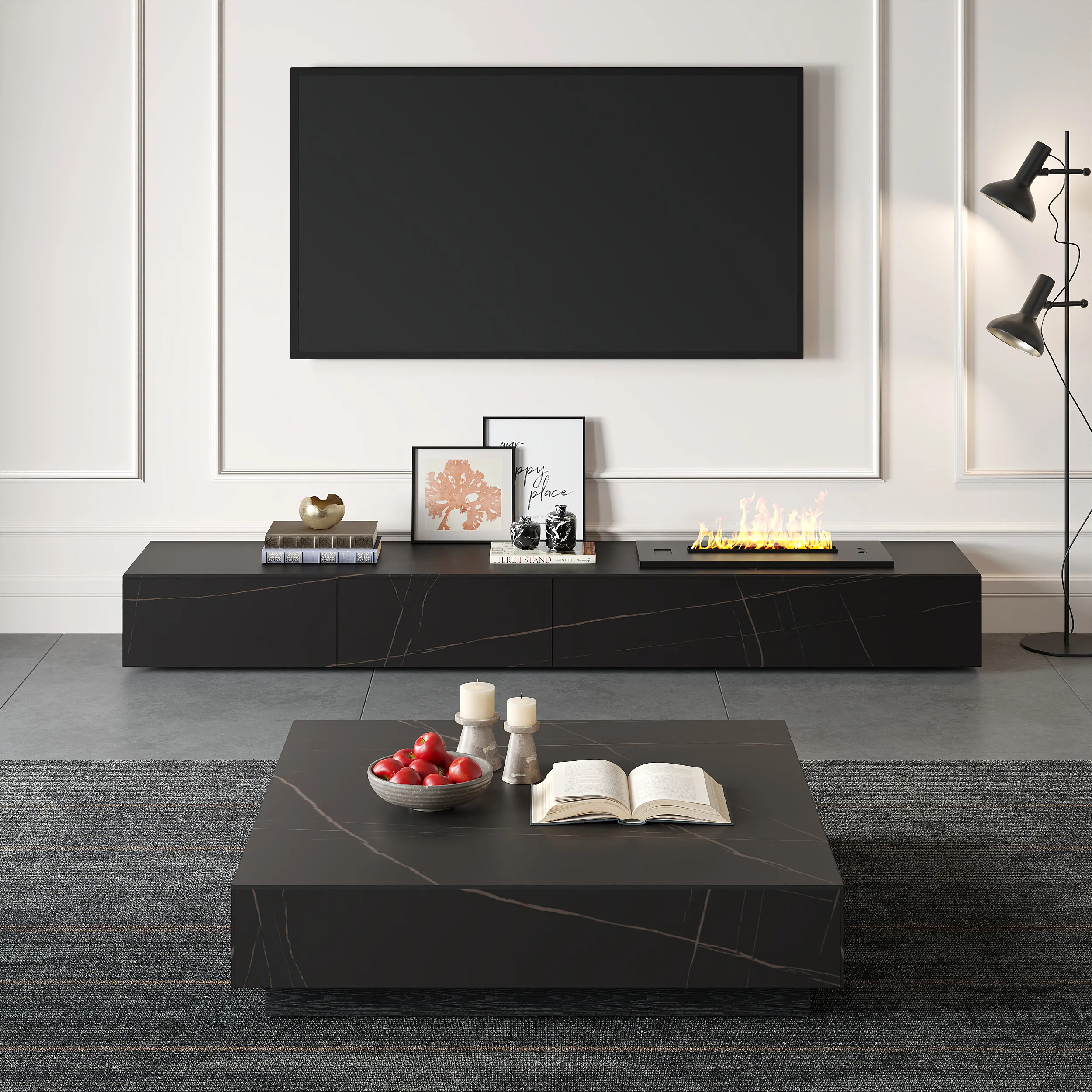 Electric Fireplace TV Stand with Humidifier - Faux Marble