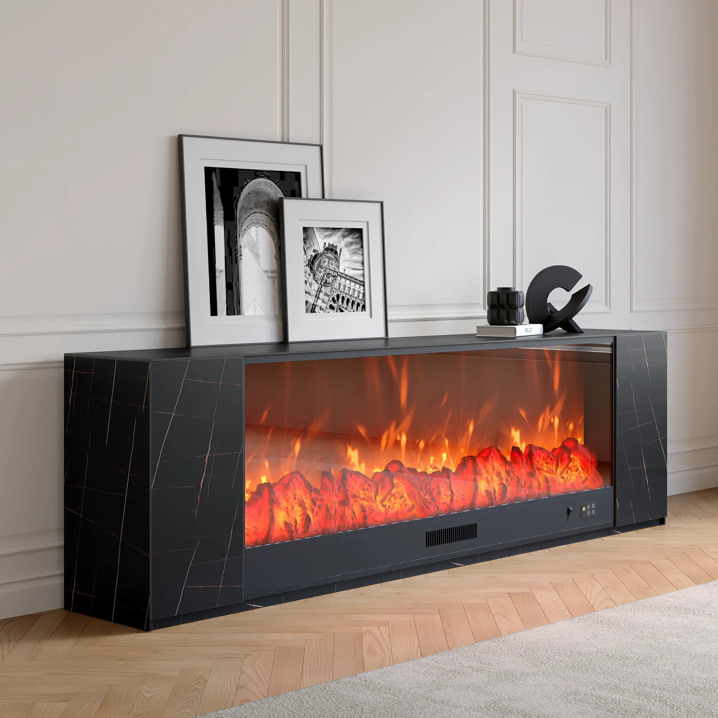 Electric Fireplace TV Stand with Remote Control - Black, Marble