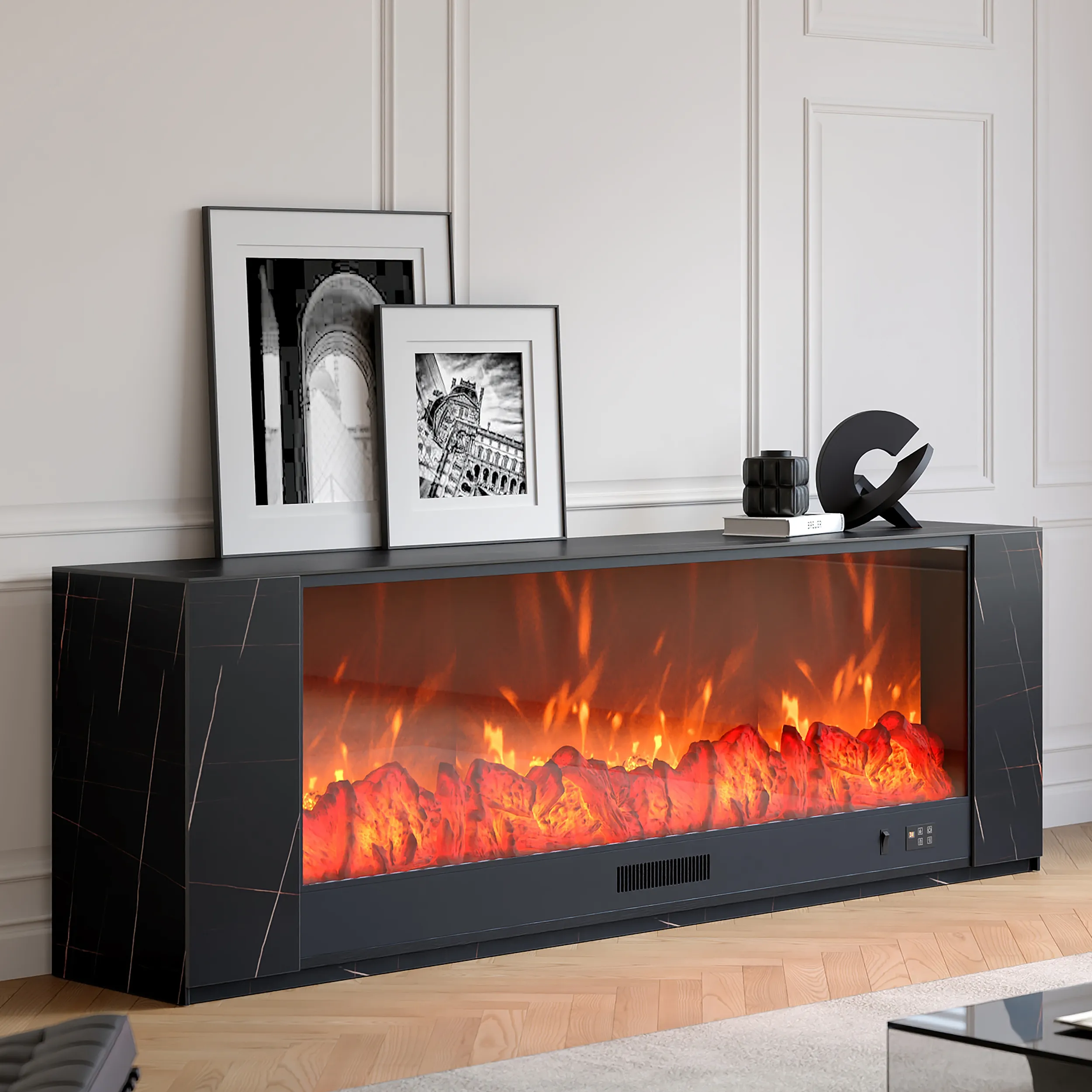 Electric Fireplace TV Stand with Remote Control - Black, Marble