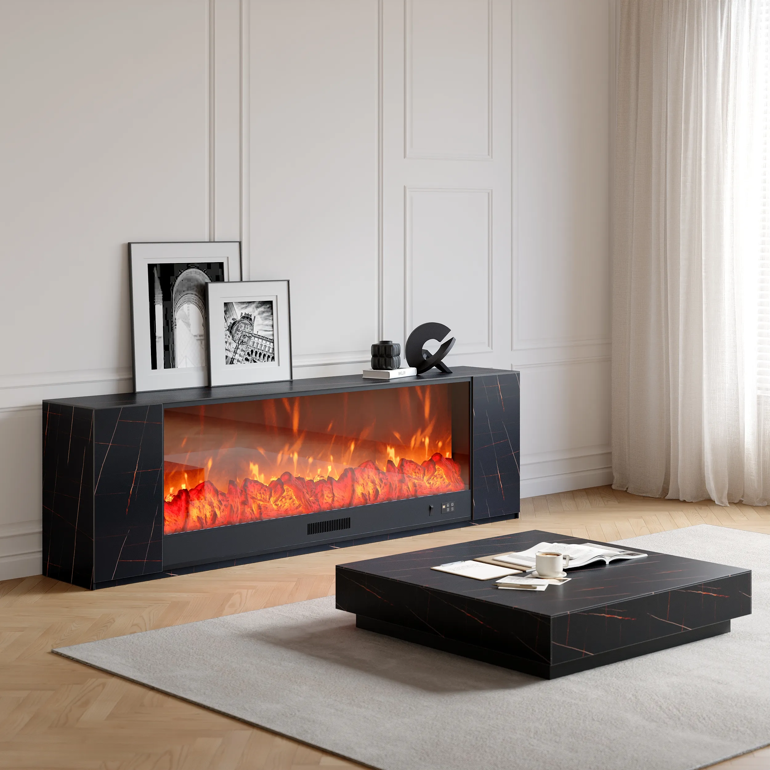 Electric Fireplace TV Stand with Remote Control - Black, Marble