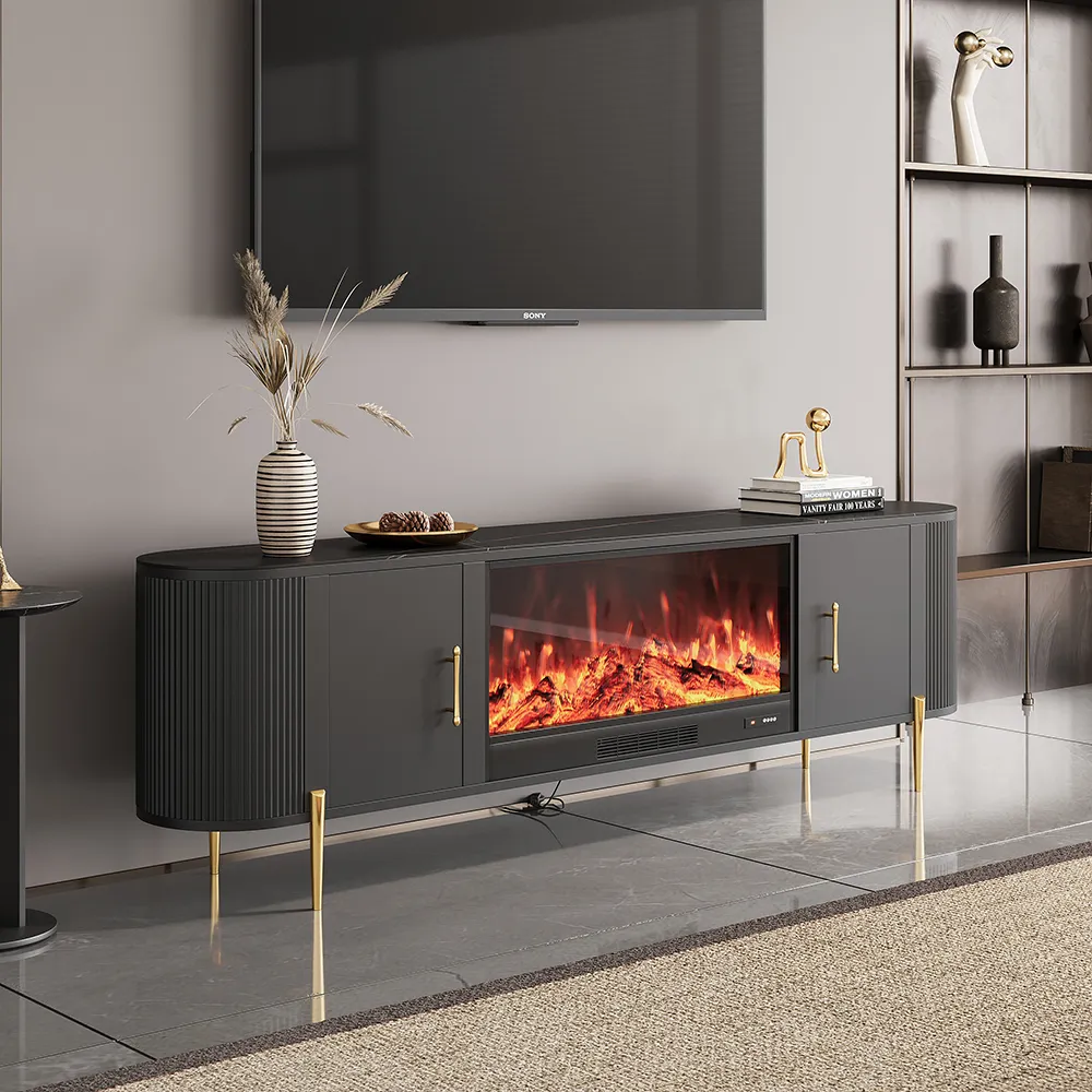 Electric Fireplace TV Stand with Remote Control - Black, Sintered Stone