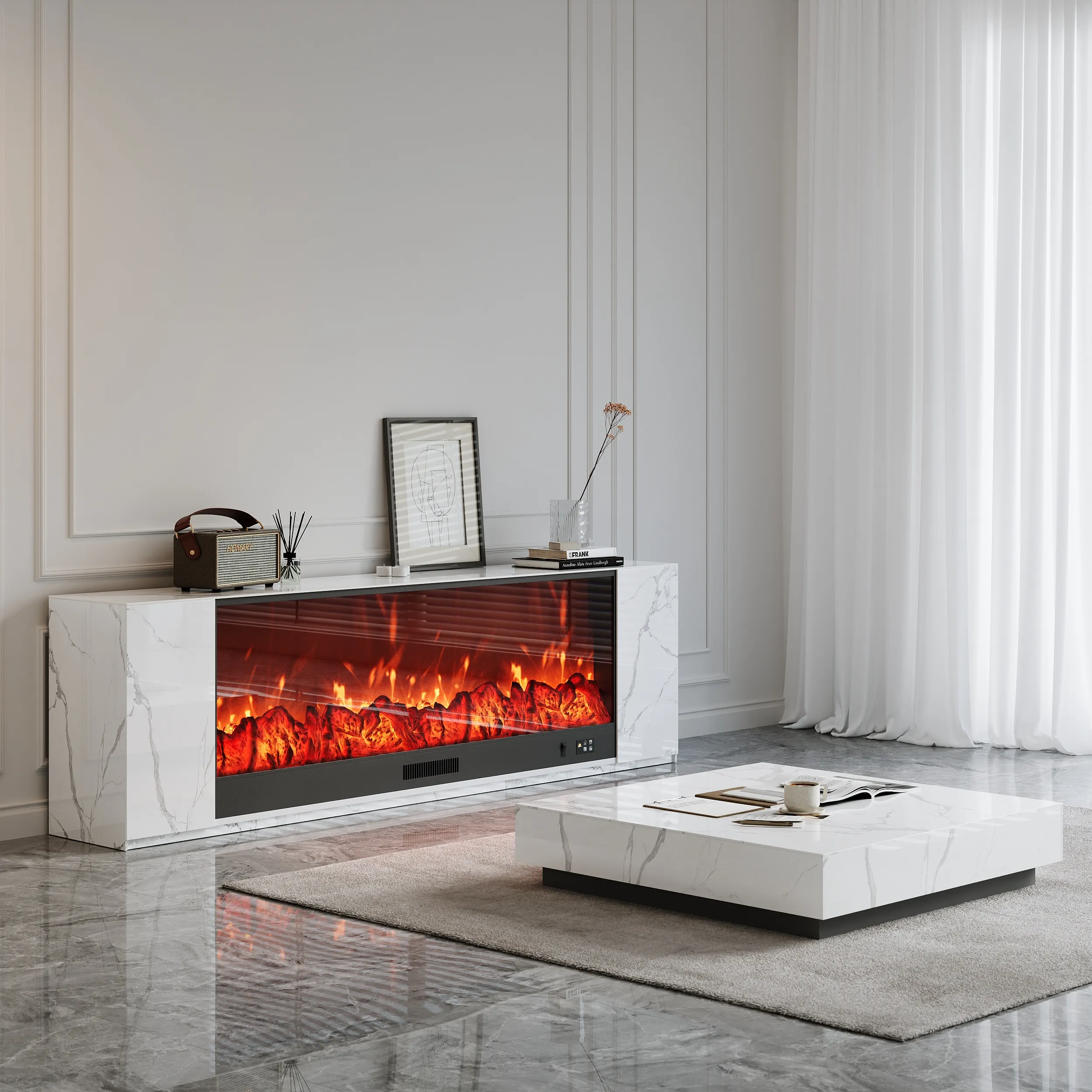 Electric Fireplace TV Stand with Remote Control - White, Marble