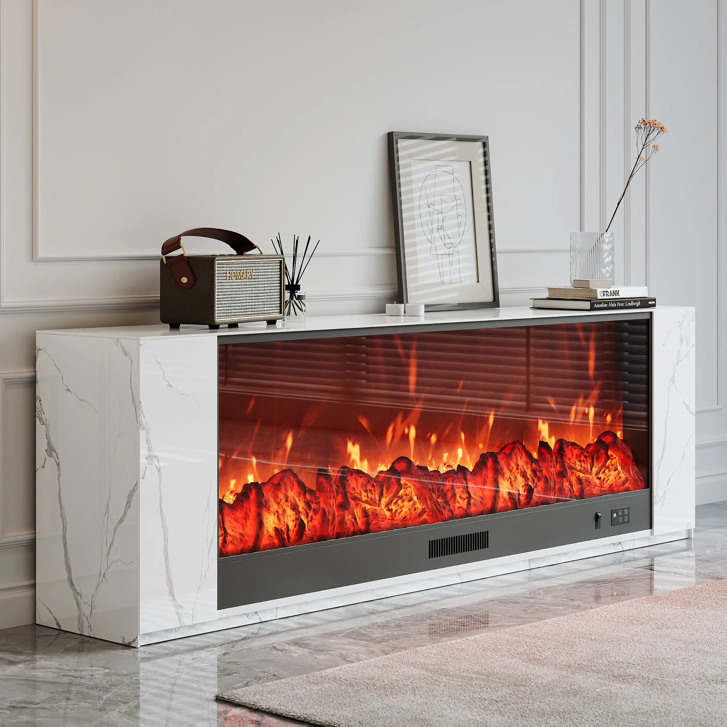 Electric Fireplace TV Stand with Remote Control - White, Marble