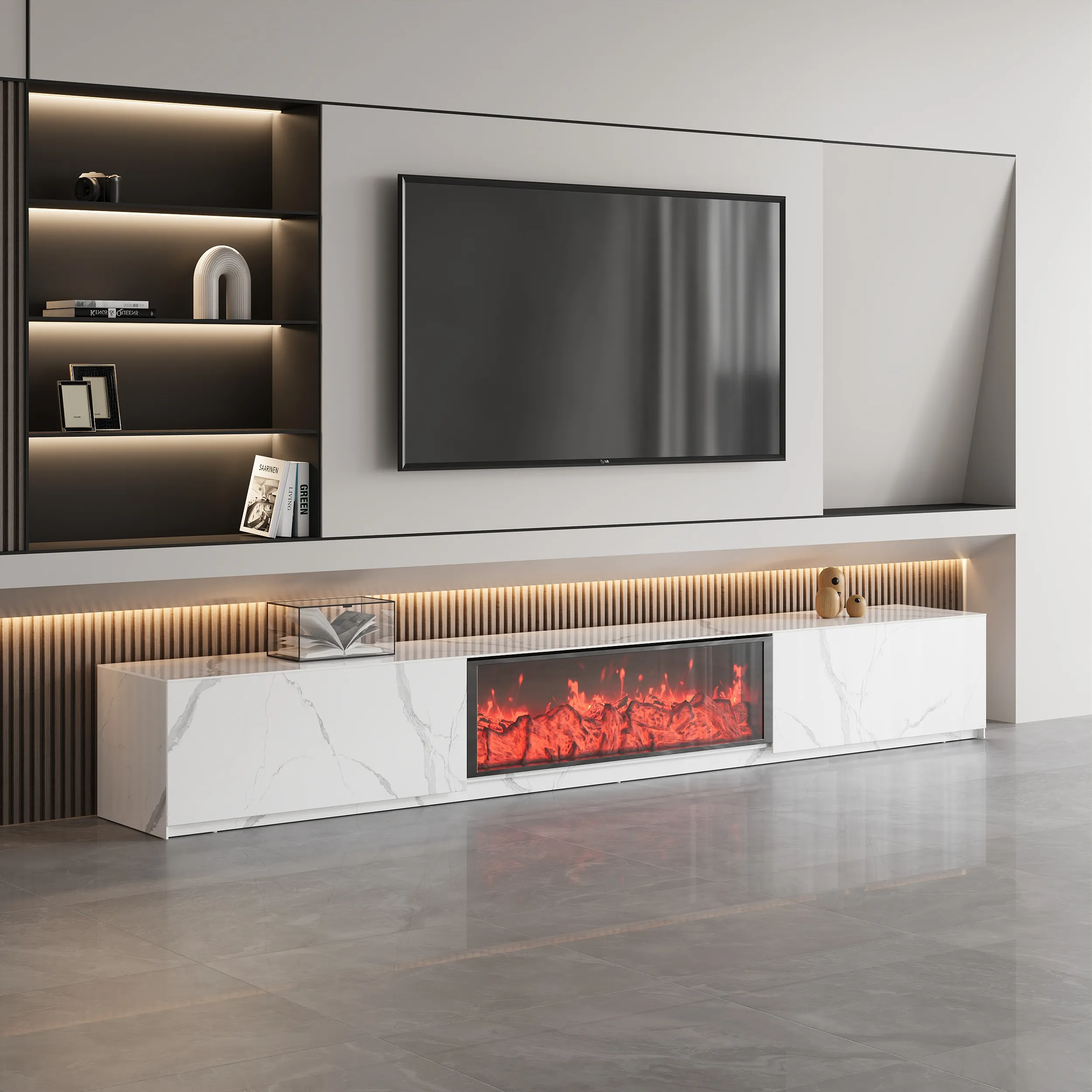 Electric Fireplace TV Stand with Storage - Marble Veneer image