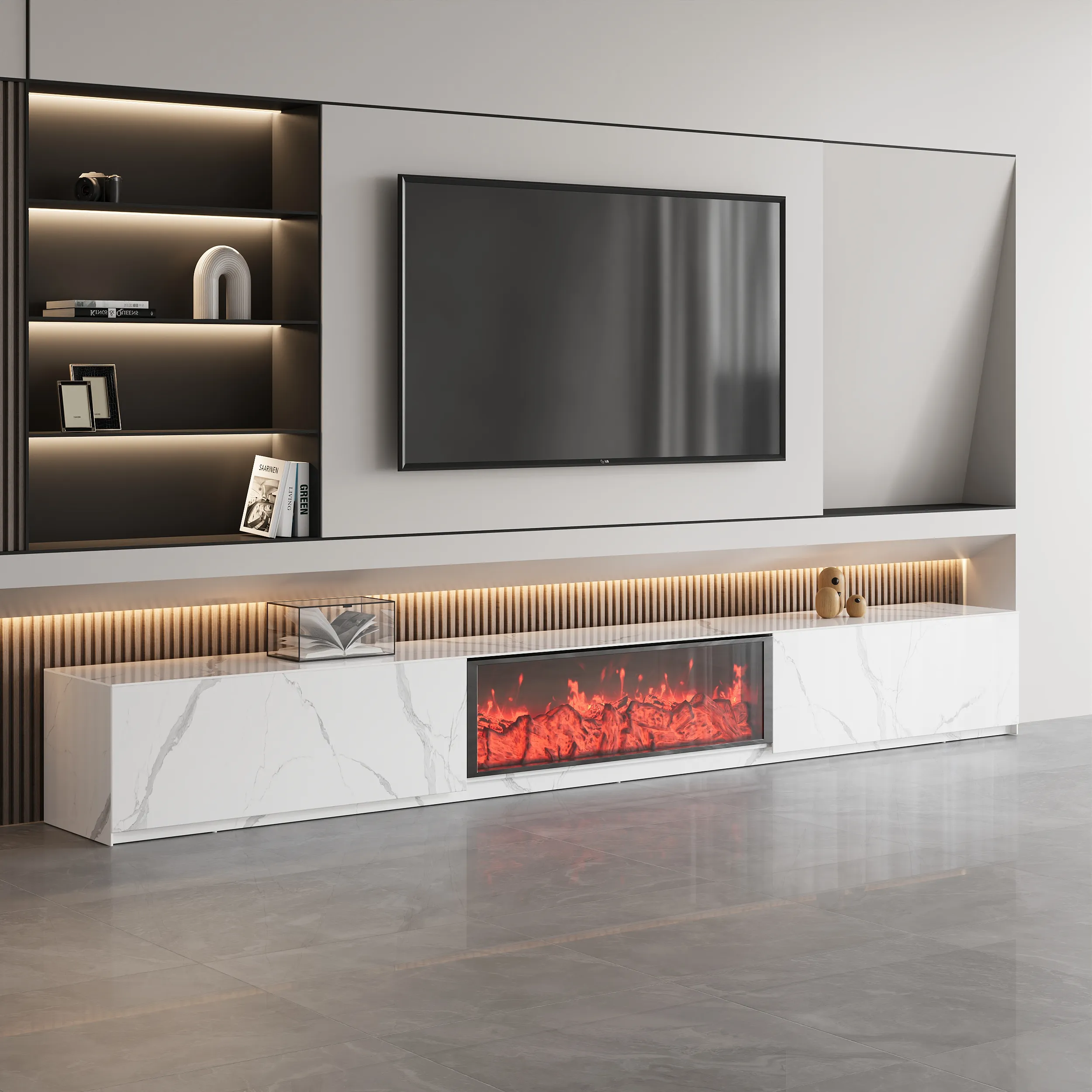 Electric Fireplace TV Stand with Storage - Marble Veneer image