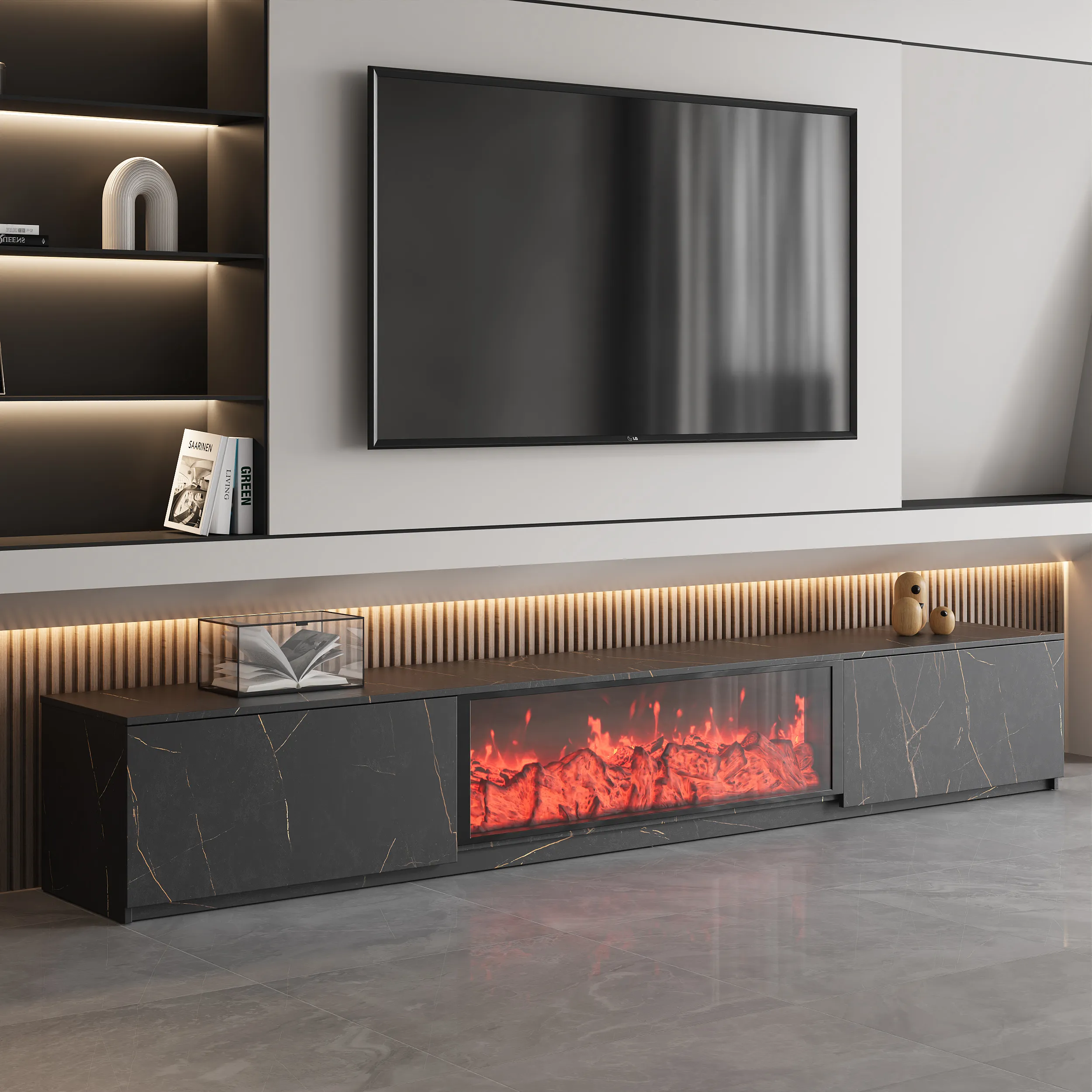 Electric Fireplace TV Stand with Storage - Marble Veneer