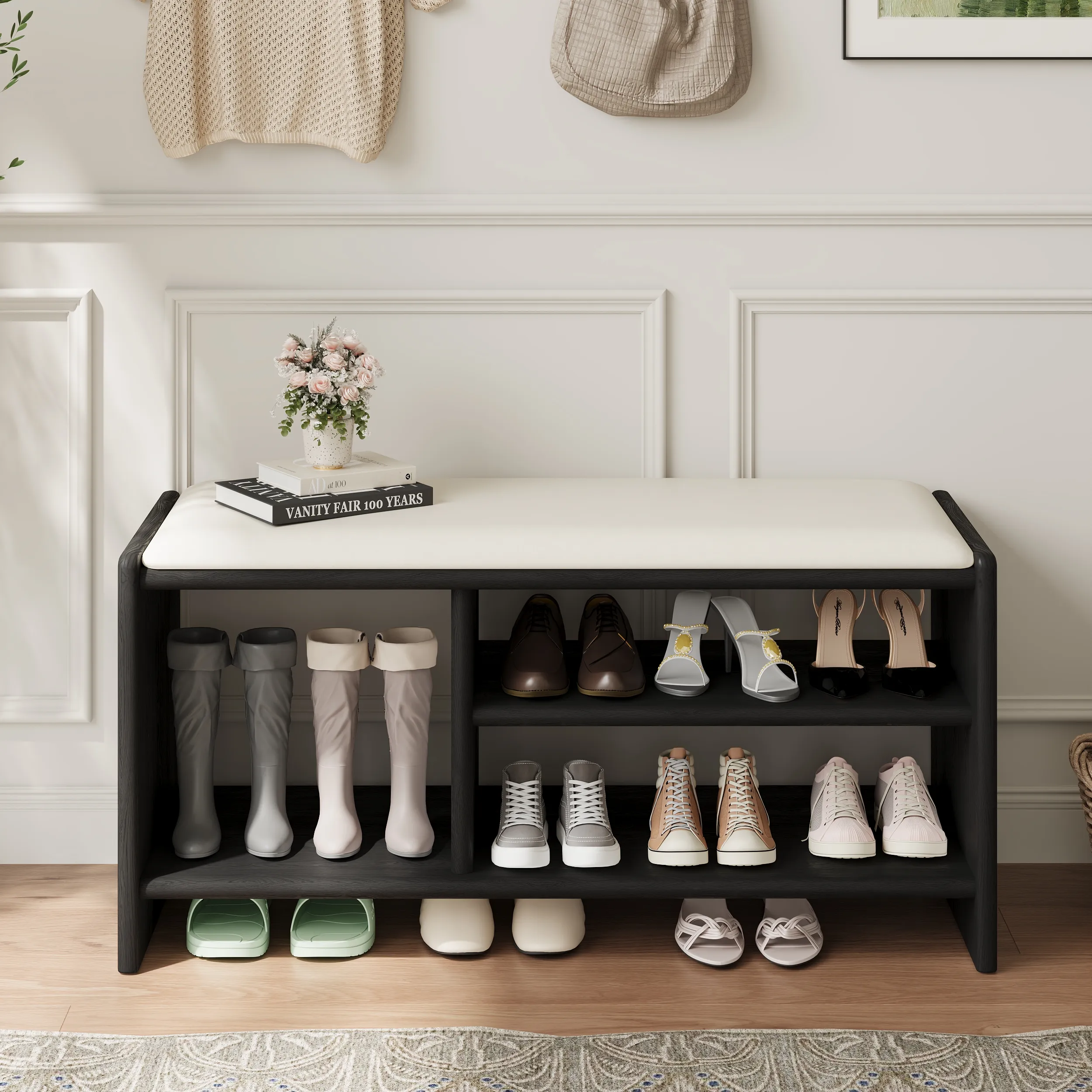 Entryway Bench with Storage - White, Black Wood image