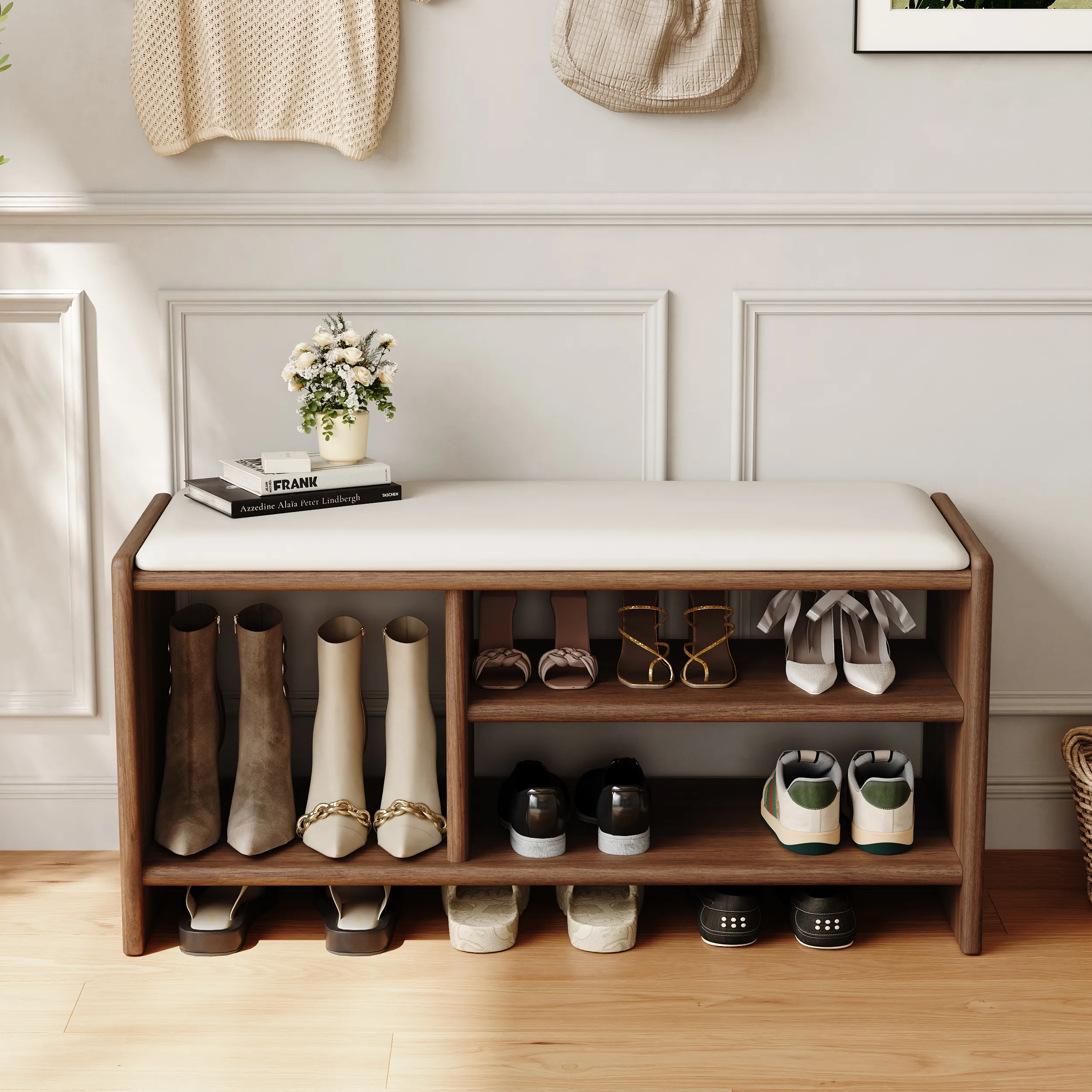 Entryway Bench with Storage - White, Walnut Wood