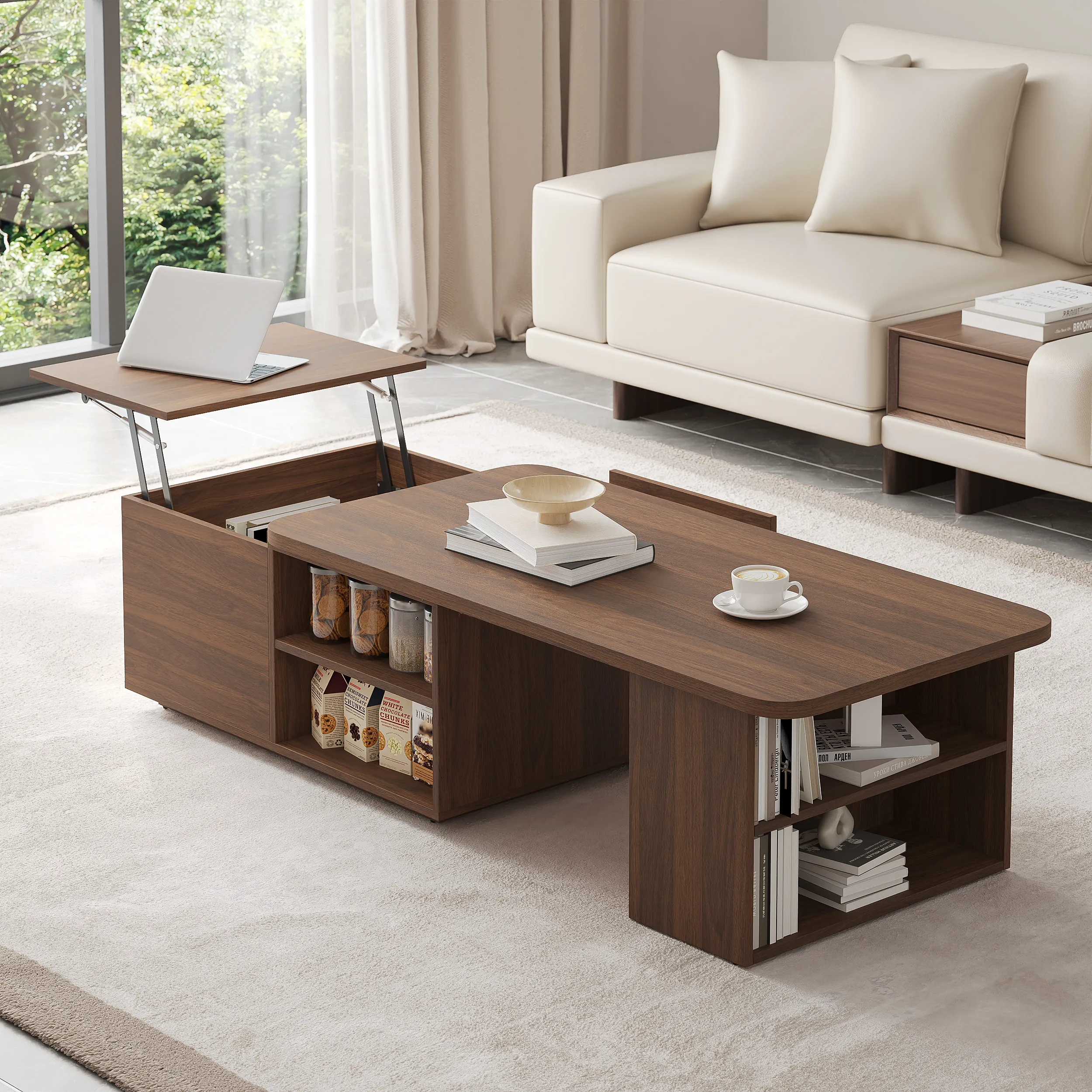 Extendable Lift-Top Coffee Table with Storage - Walnut