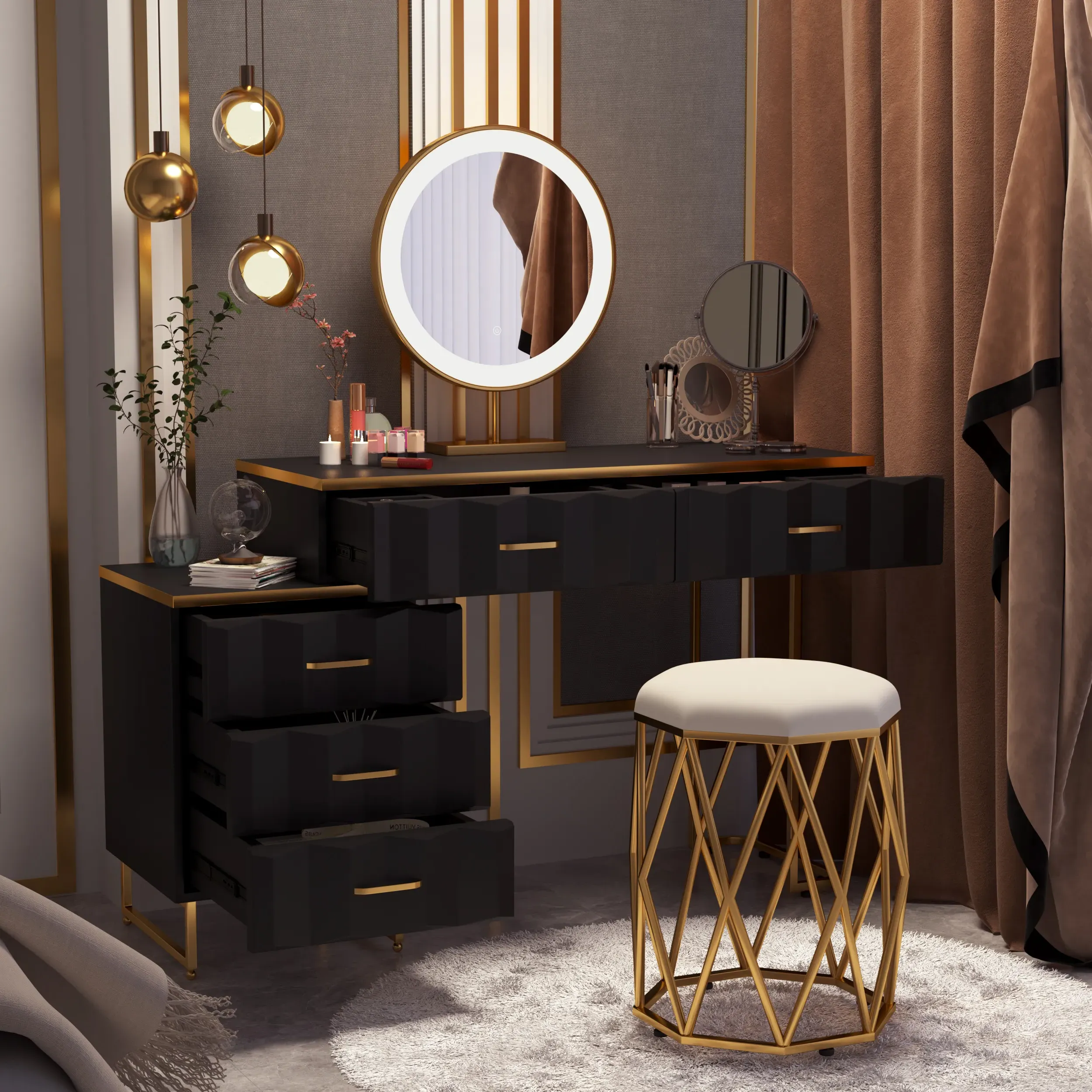 Extendable Makeup Vanity with Stool and Mirror - Black image