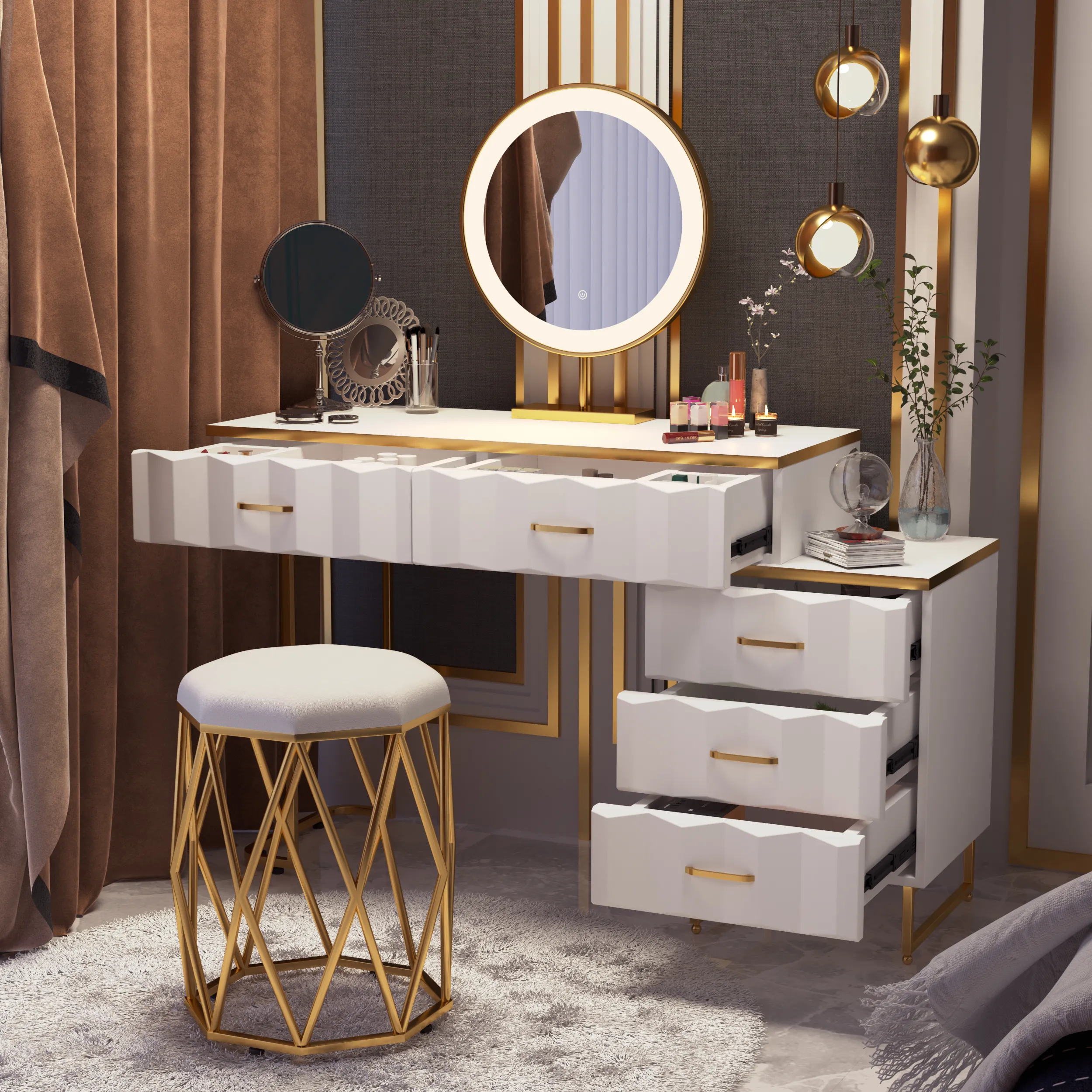 Extendable Makeup Vanity with Stool and Mirror - White