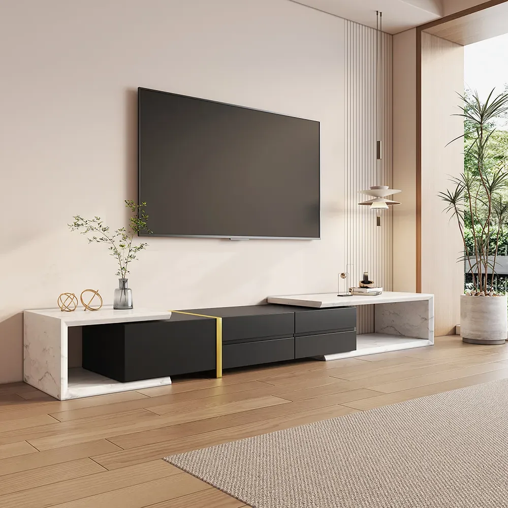 Extendable TV Stand with 2 Drawers - White & Black