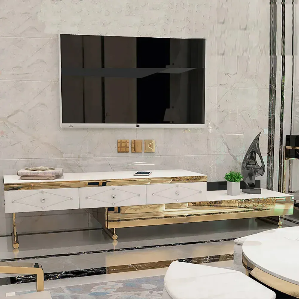 Extendable TV Stand with 3 Drawers - White, Tempered Glass image